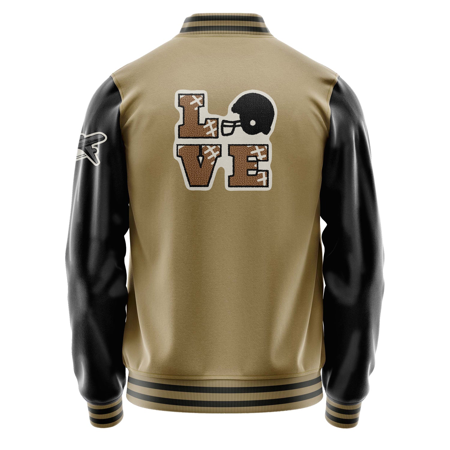 Custom Camel Varsity Jacket Patches Black Leather Sleeves - Love Footballl