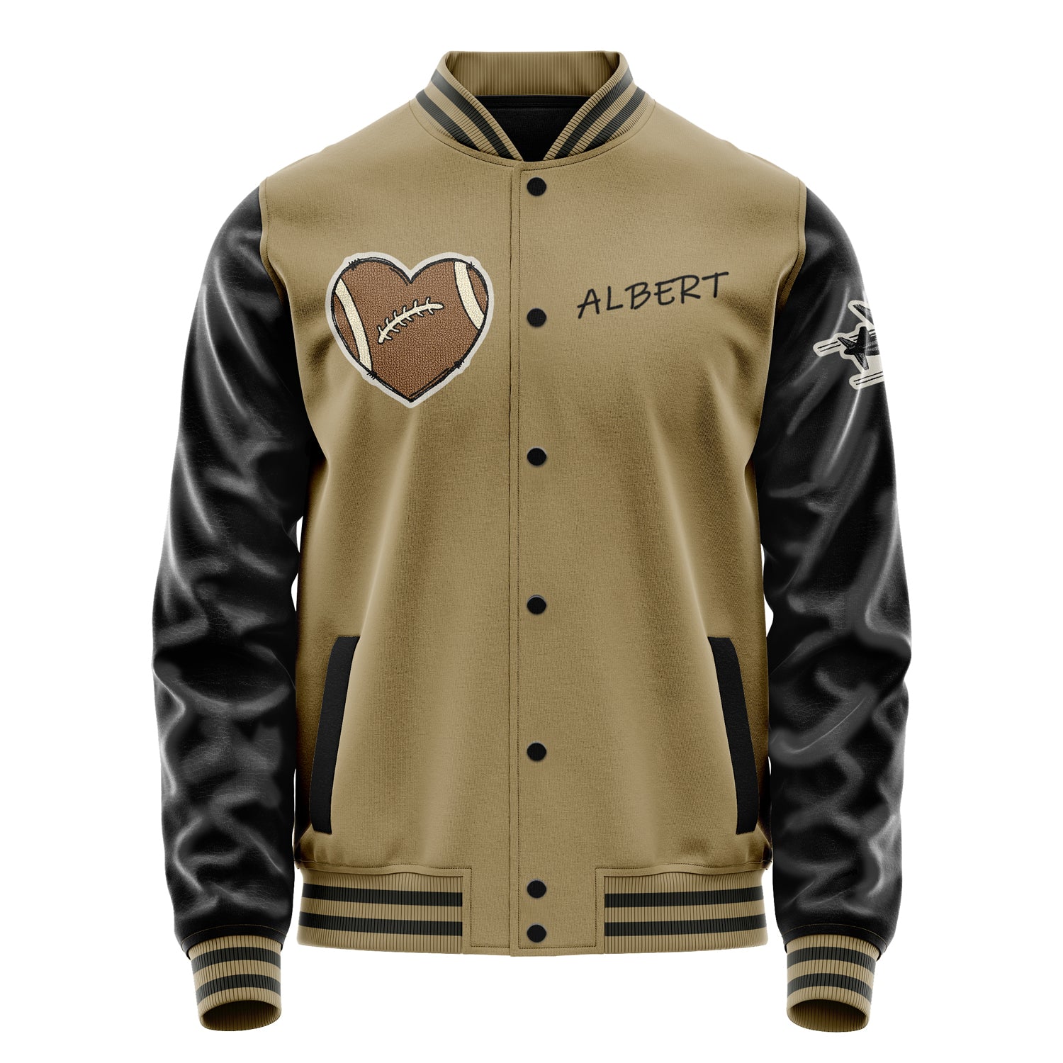 Custom Camel Varsity Jacket Patches Black Leather Sleeves - Love Footballl