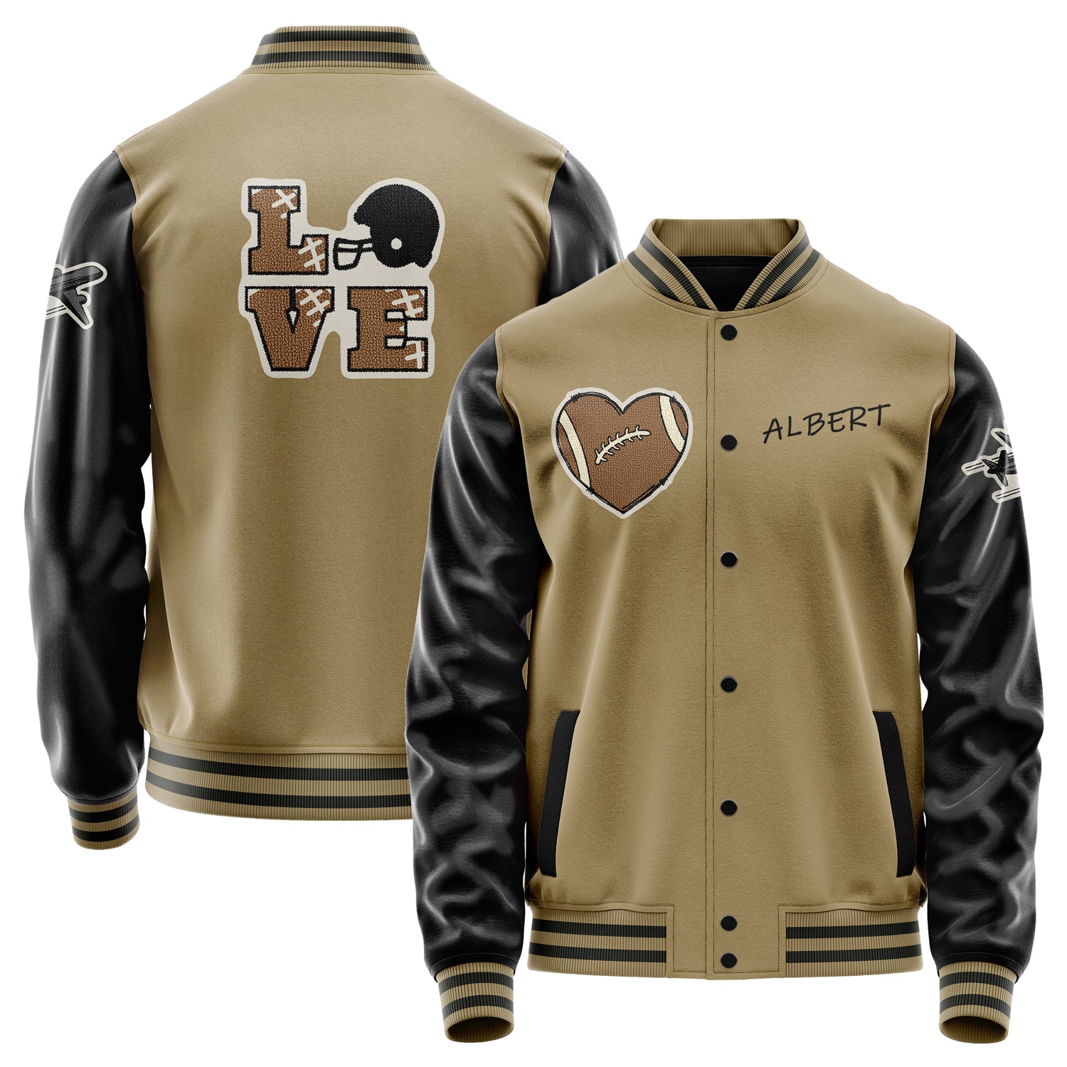 Custom Camel Varsity Jacket Patches Black Leather Sleeves - Love Footballl