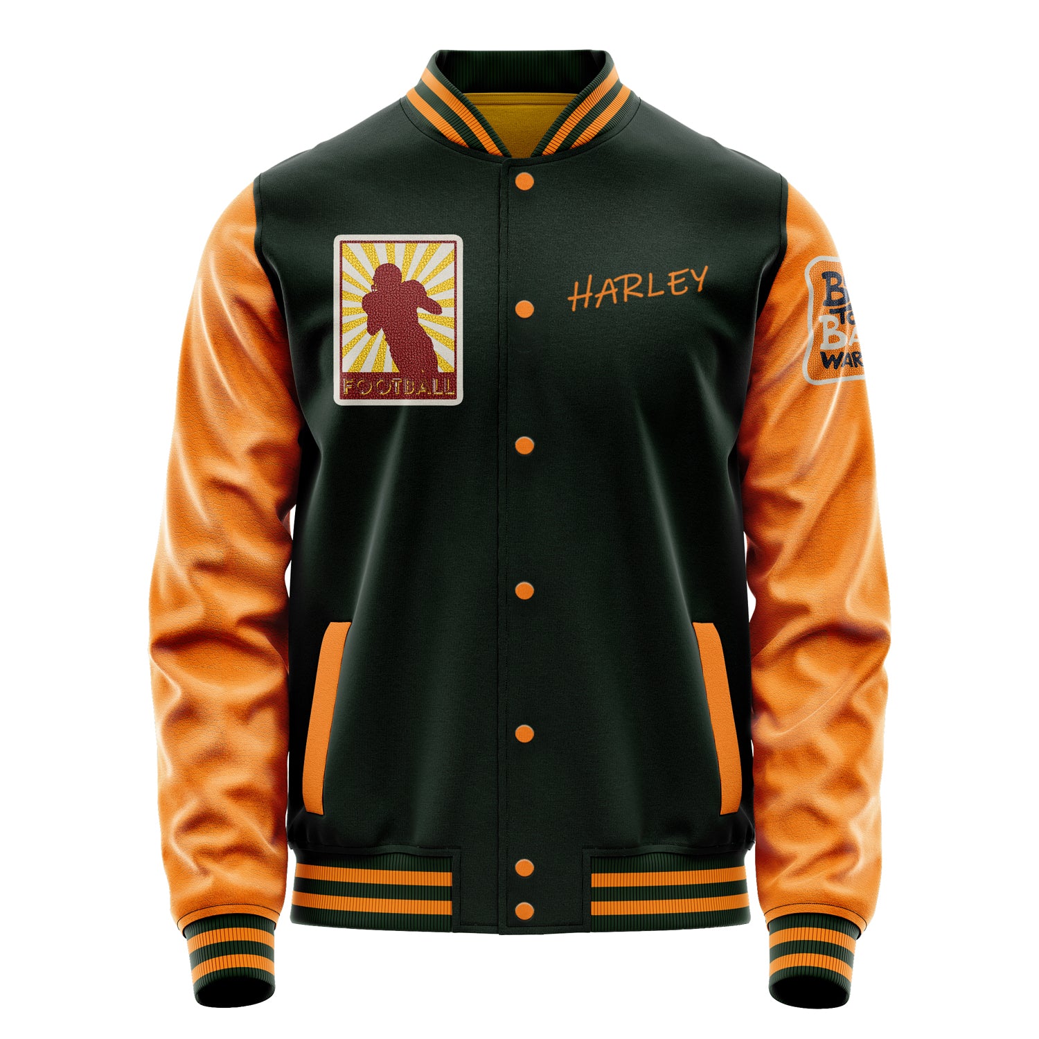 Custom Dark Green Varsity Jacket Patches Orange Leather Sleeves - Badge