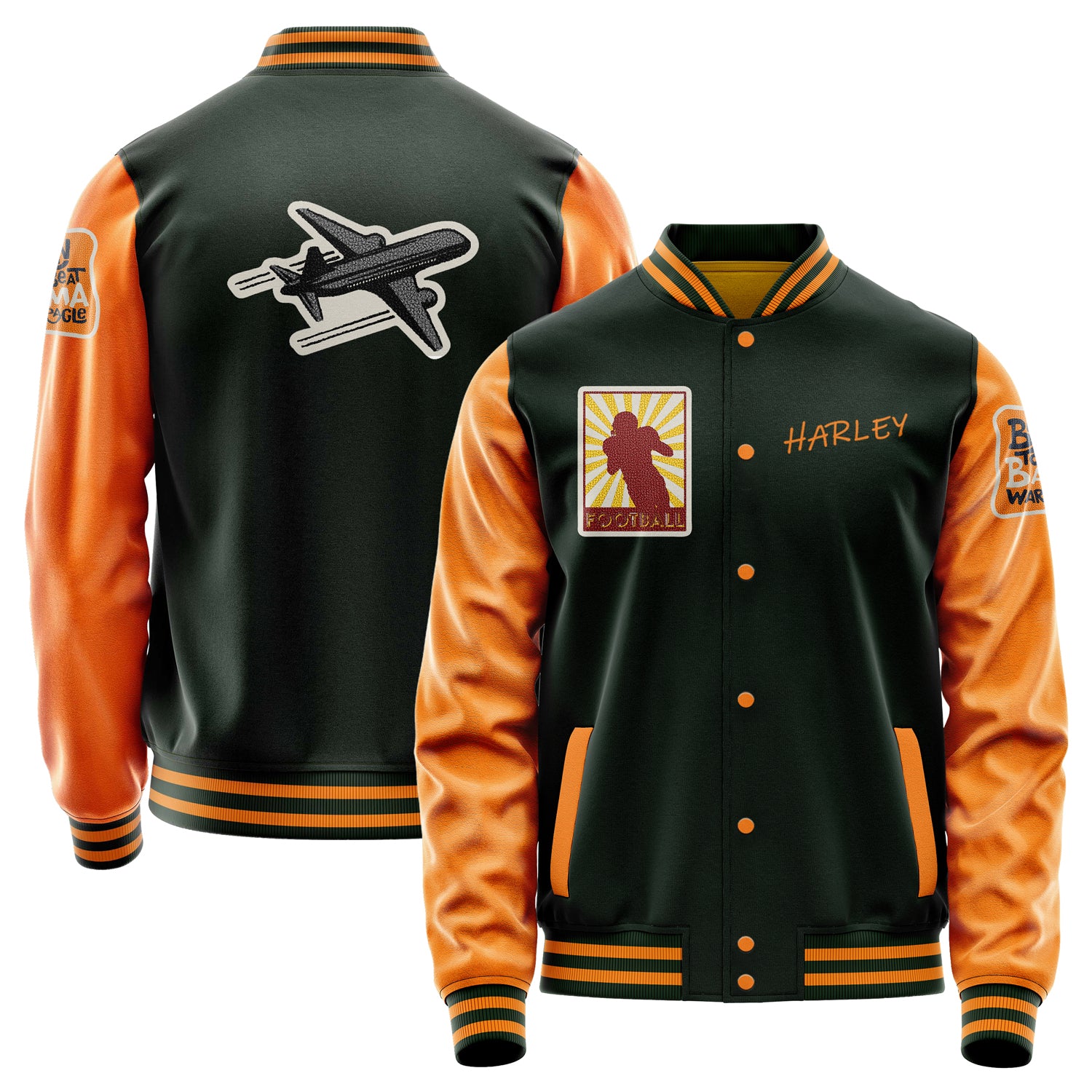 Custom Dark Green Varsity Jacket Patches Orange Leather Sleeves - Badge