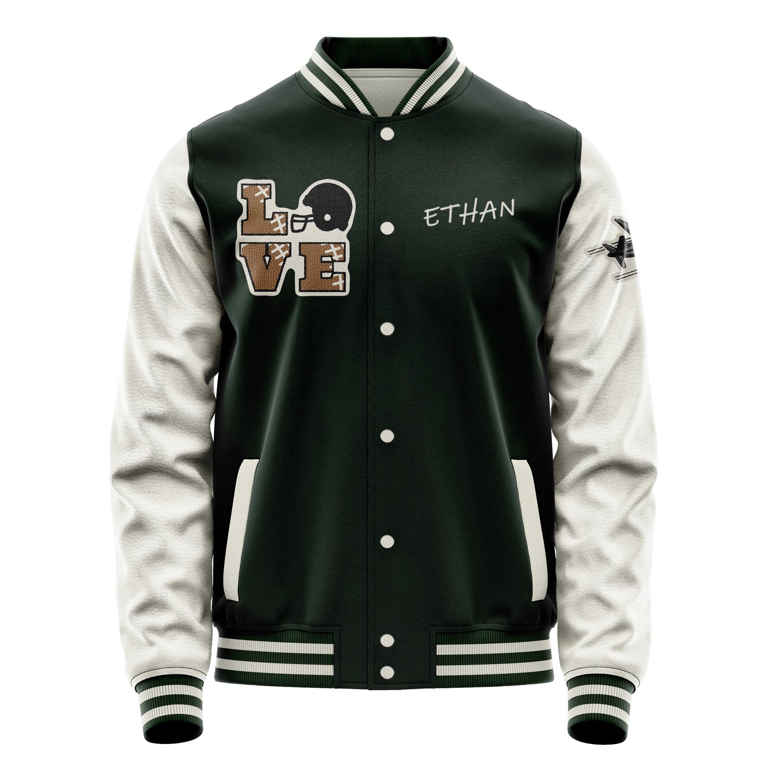 Custom Dark Green Varsity Jacket Patches Beige Leather Sleeves - Love Footballl