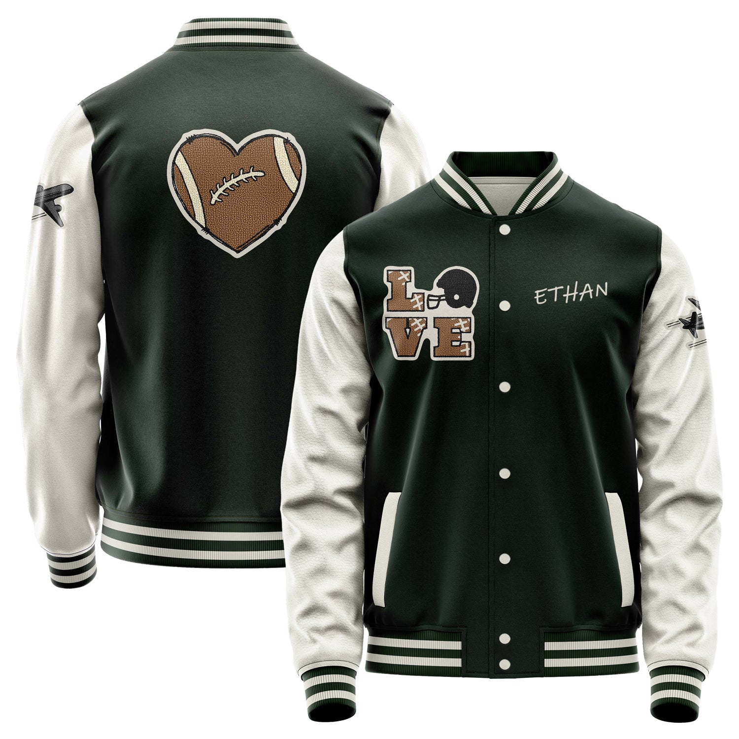 Custom Dark Green Varsity Jacket Patches Beige Leather Sleeves - Love Footballl