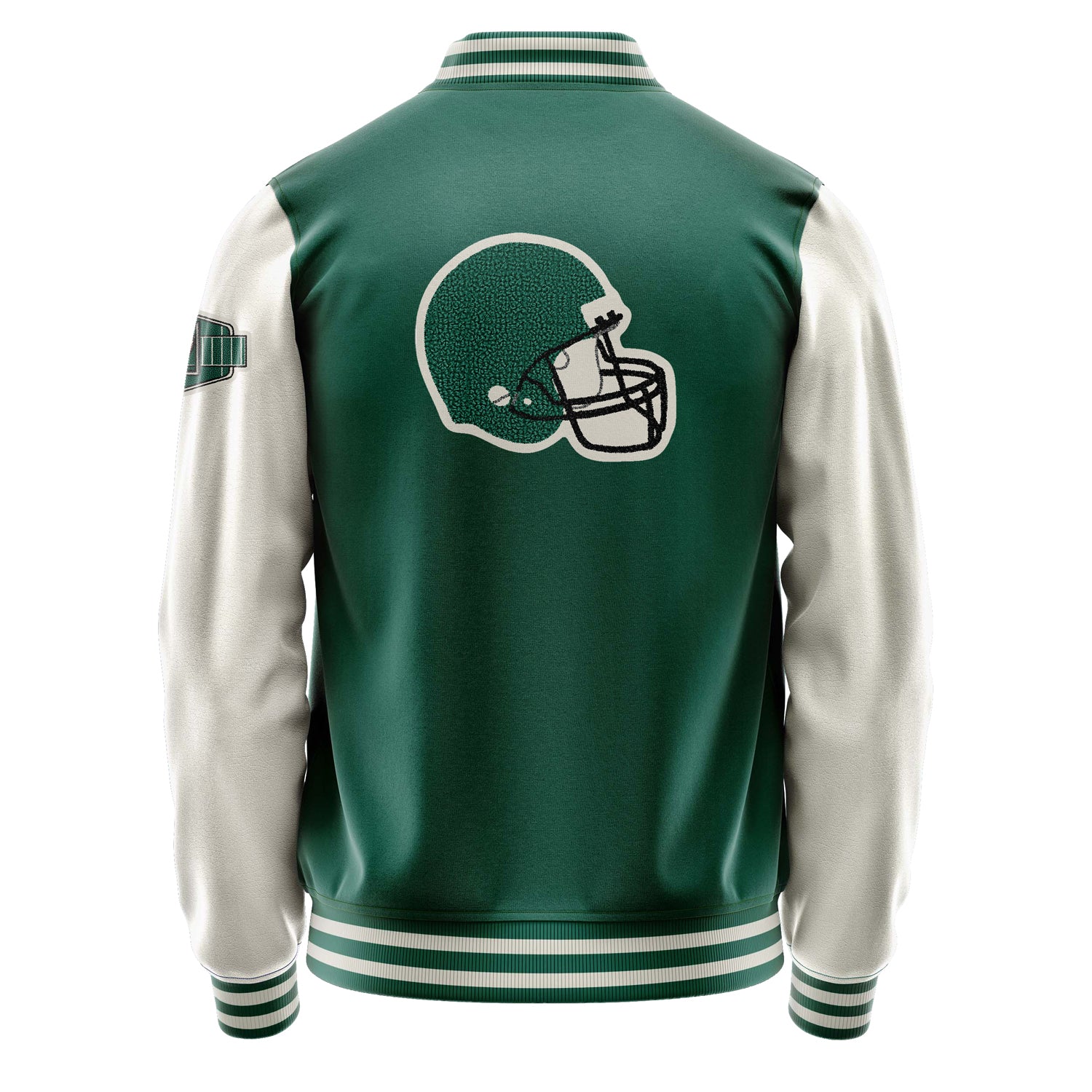 Custom Green Varsity Jacket Patches Beige Leather Sleeves - Green football helmet