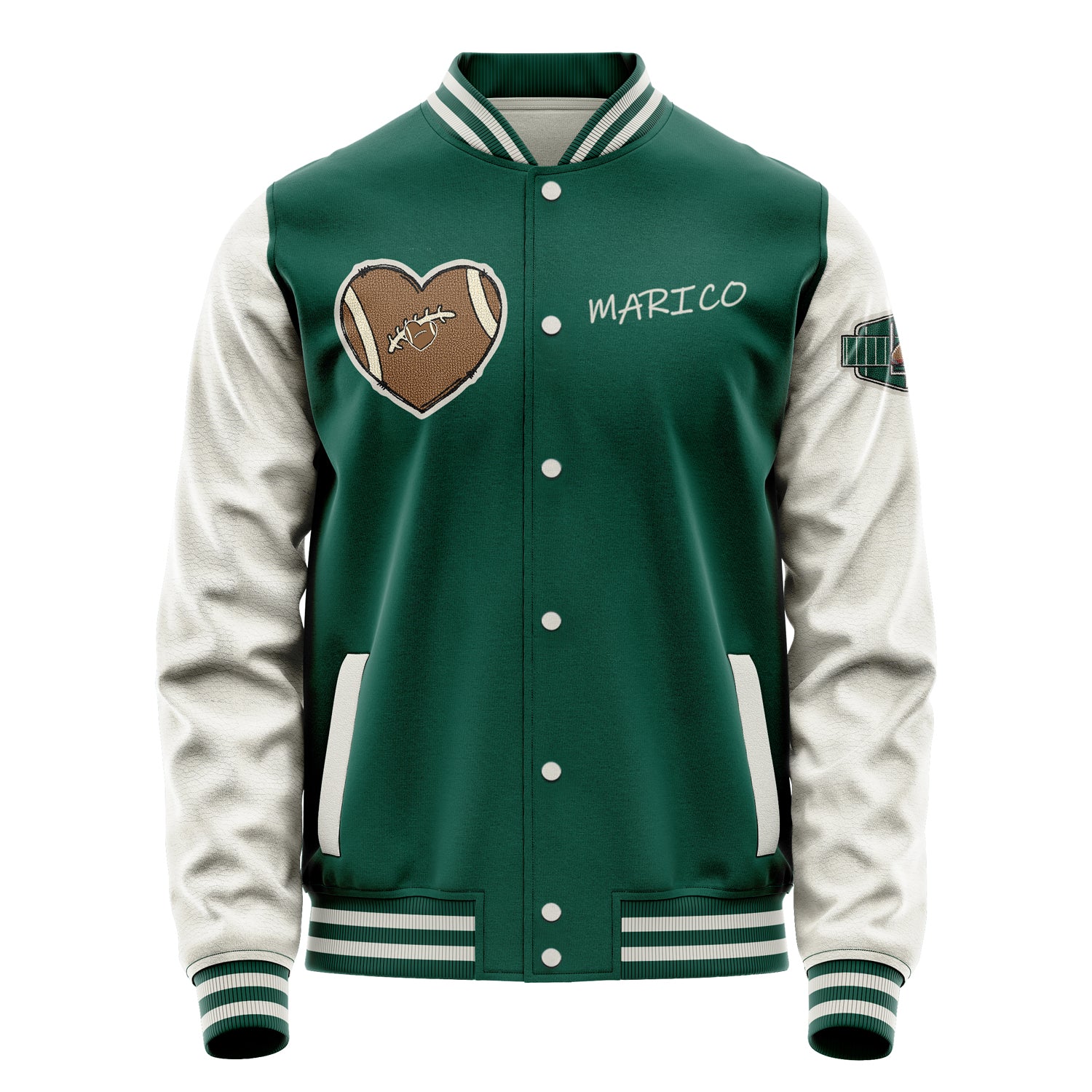 Custom Green Varsity Jacket Patches Beige Leather Sleeves - Green football helmet