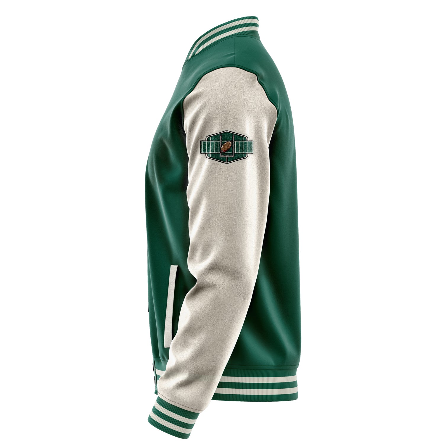 Custom Green Varsity Jacket Patches Beige Leather Sleeves - Green football helmet