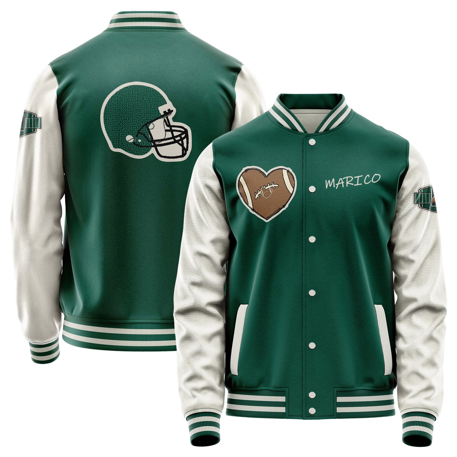 Custom Green Varsity Jacket Patches Beige Leather Sleeves - Green football helmet