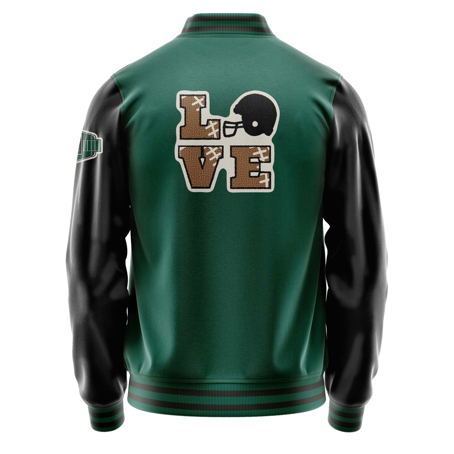 Custom Green Varsity Jacket Patches Black Leather Sleeves - Footballl logo