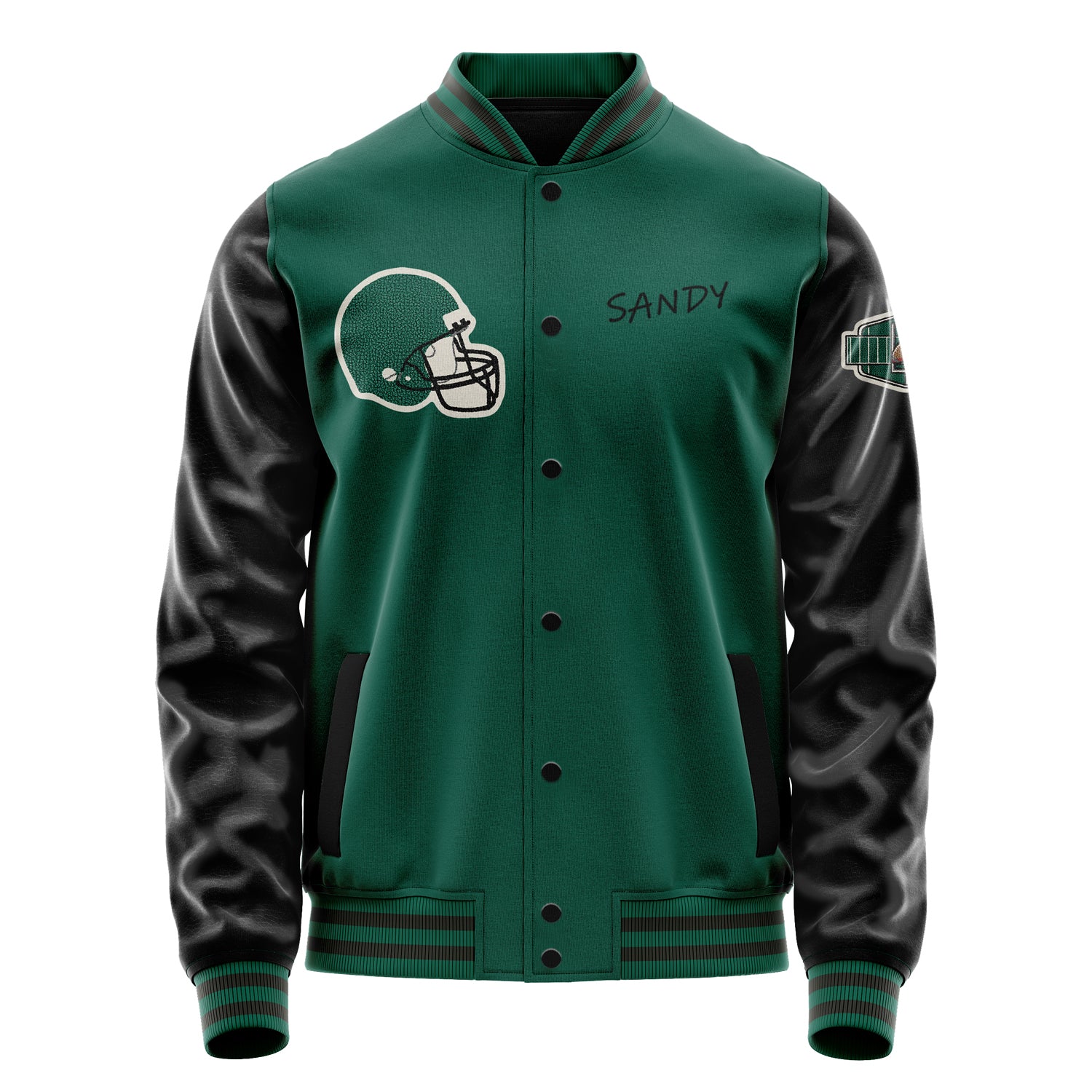 Custom Green Varsity Jacket Patches Black Leather Sleeves - Footballl logo