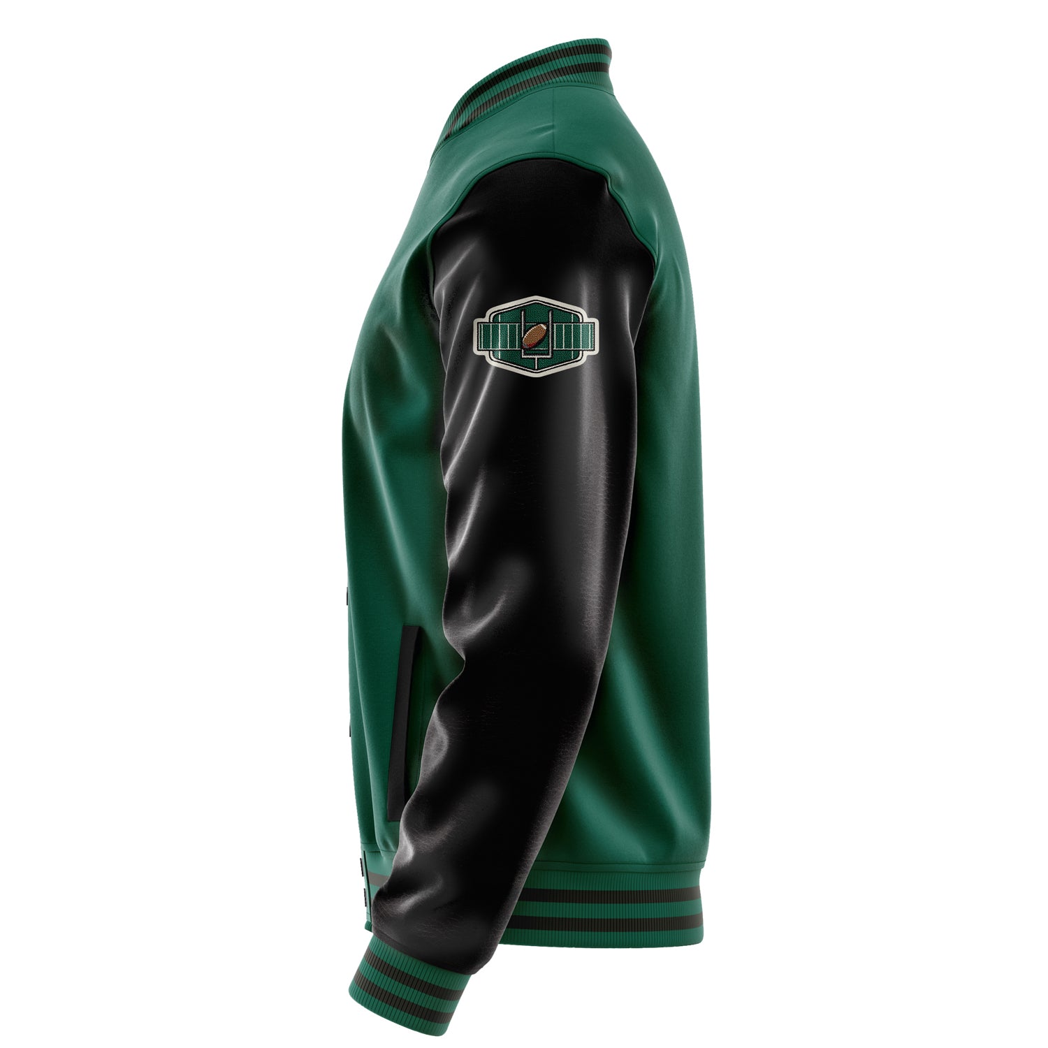Custom Green Varsity Jacket Patches Black Leather Sleeves - Footballl logo