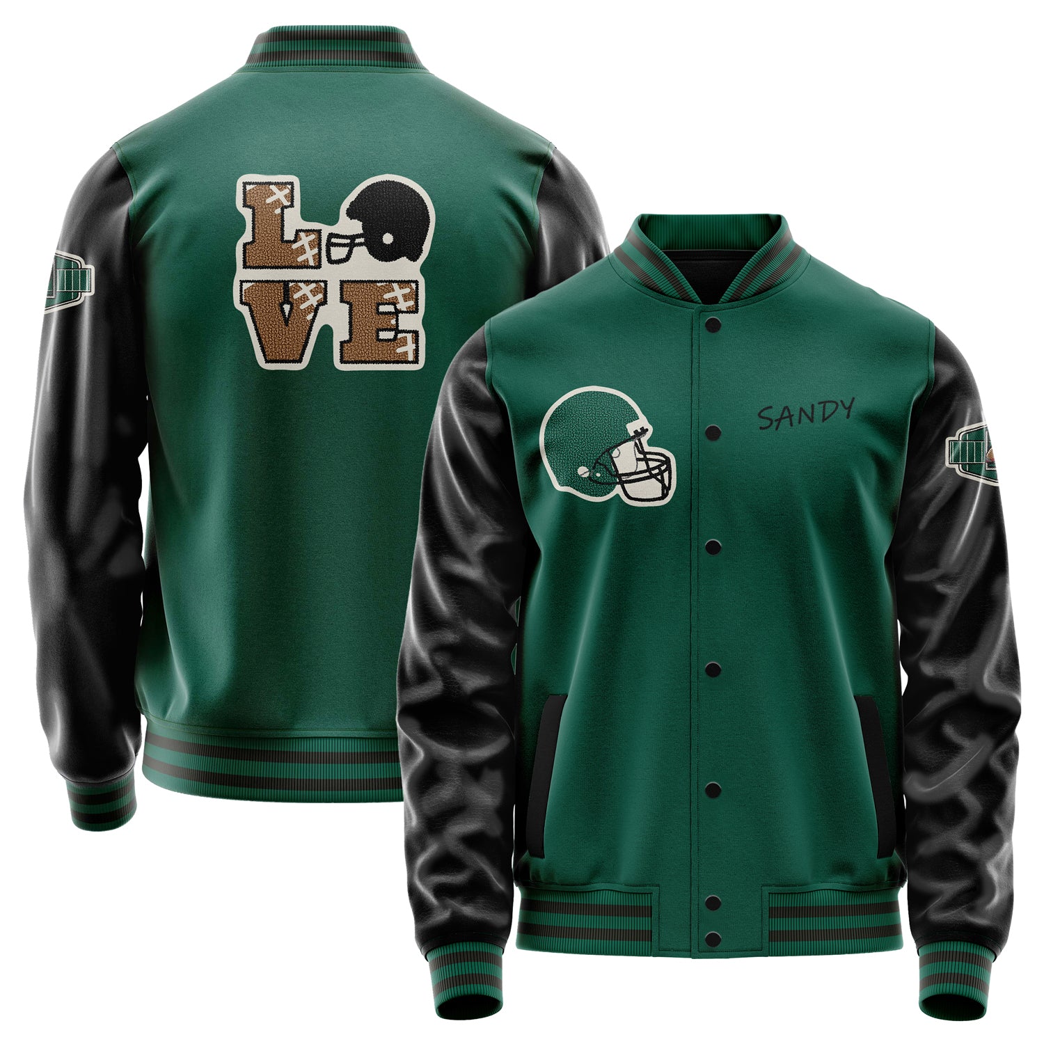 Custom Green Varsity Jacket Patches Black Leather Sleeves - Footballl logo