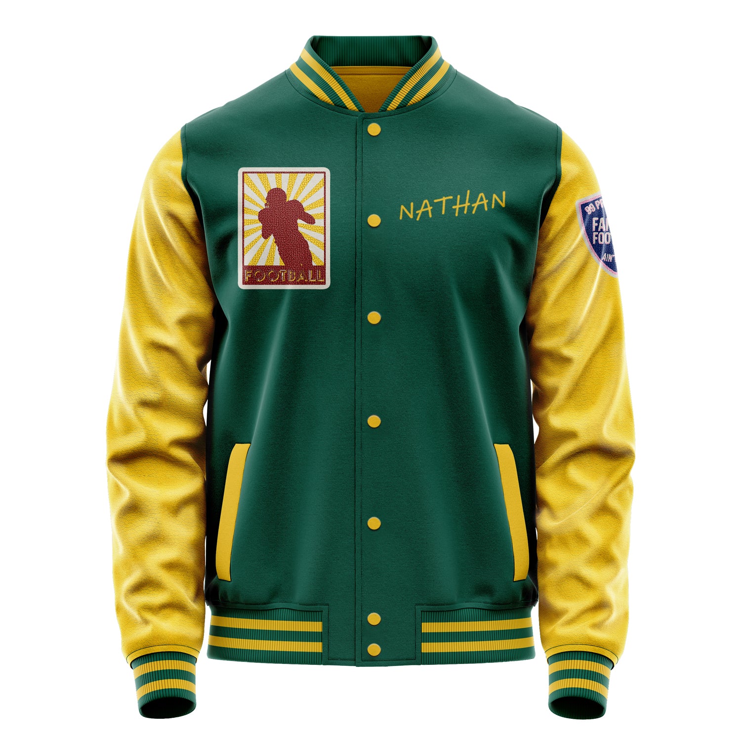 Custom Green Varsity Jacket Patches Egg Yellow Leather Sleeves - Badge