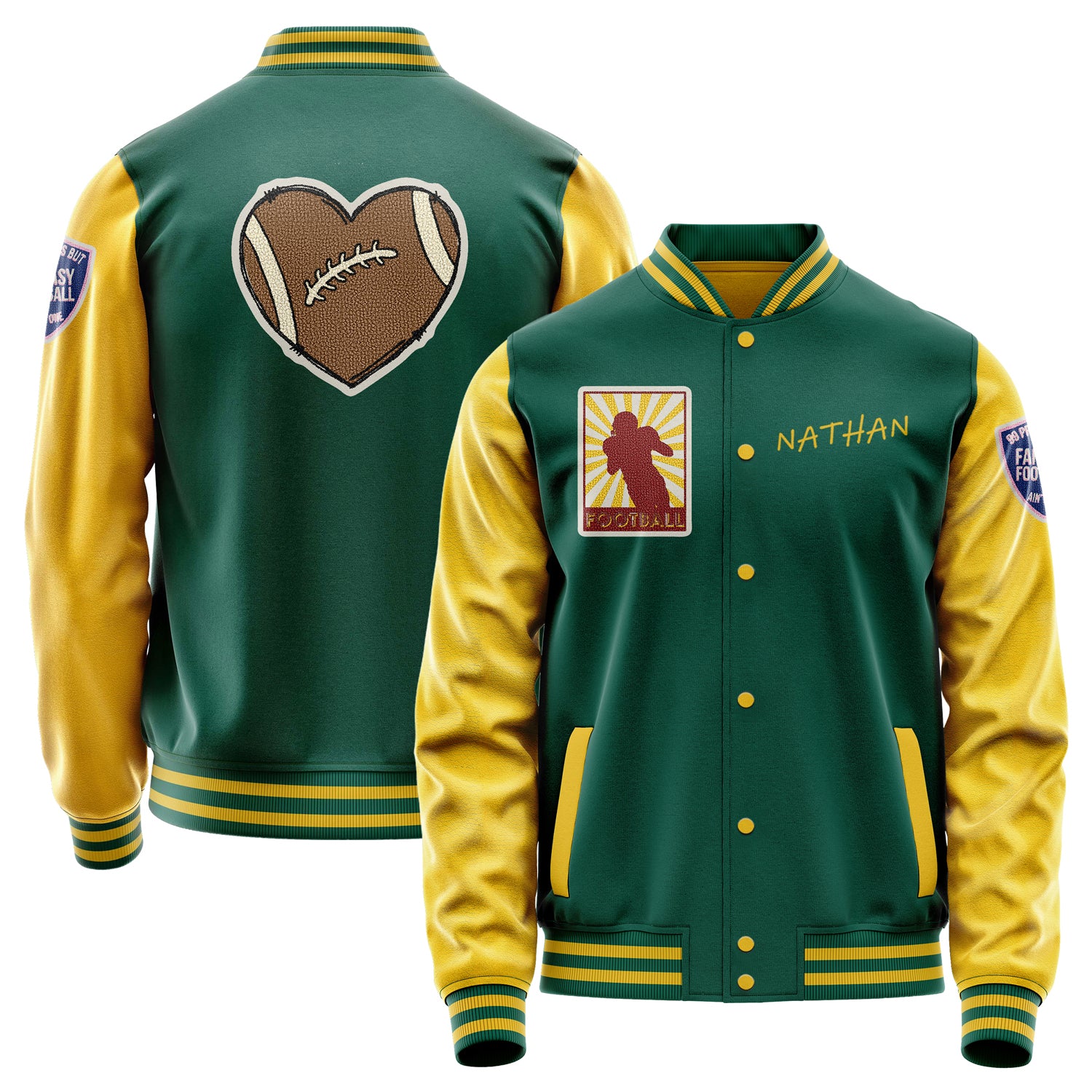 Custom Green Varsity Jacket Patches Egg Yellow Leather Sleeves - Badge