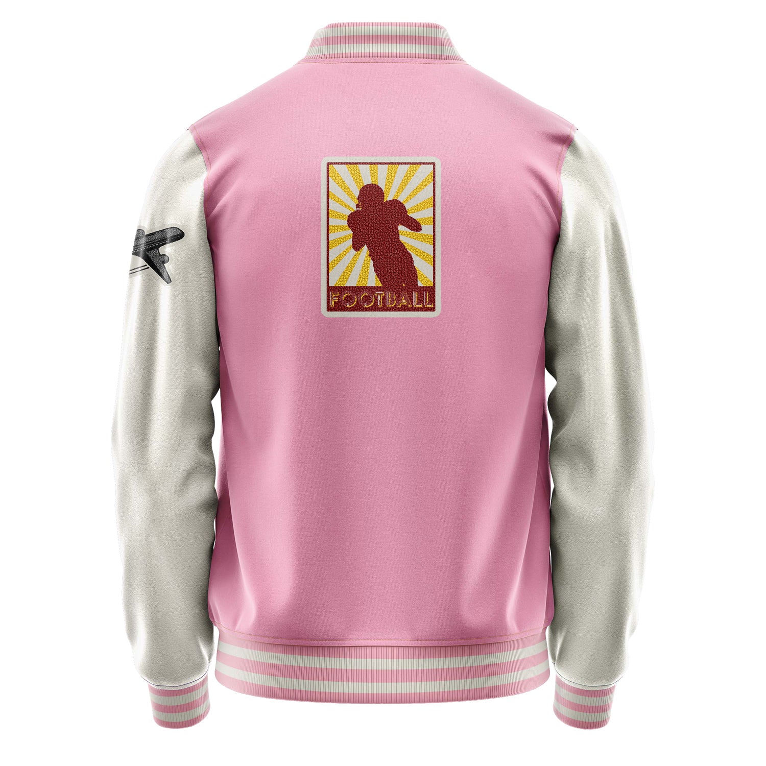 Custom Pink Varsity Jacket Patches Beige Leather Sleeves - Football