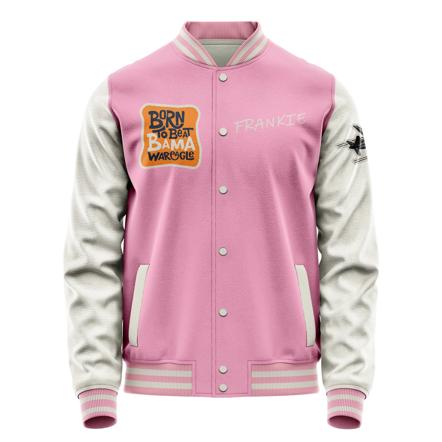 Custom Pink Varsity Jacket Patches Beige Leather Sleeves - Football