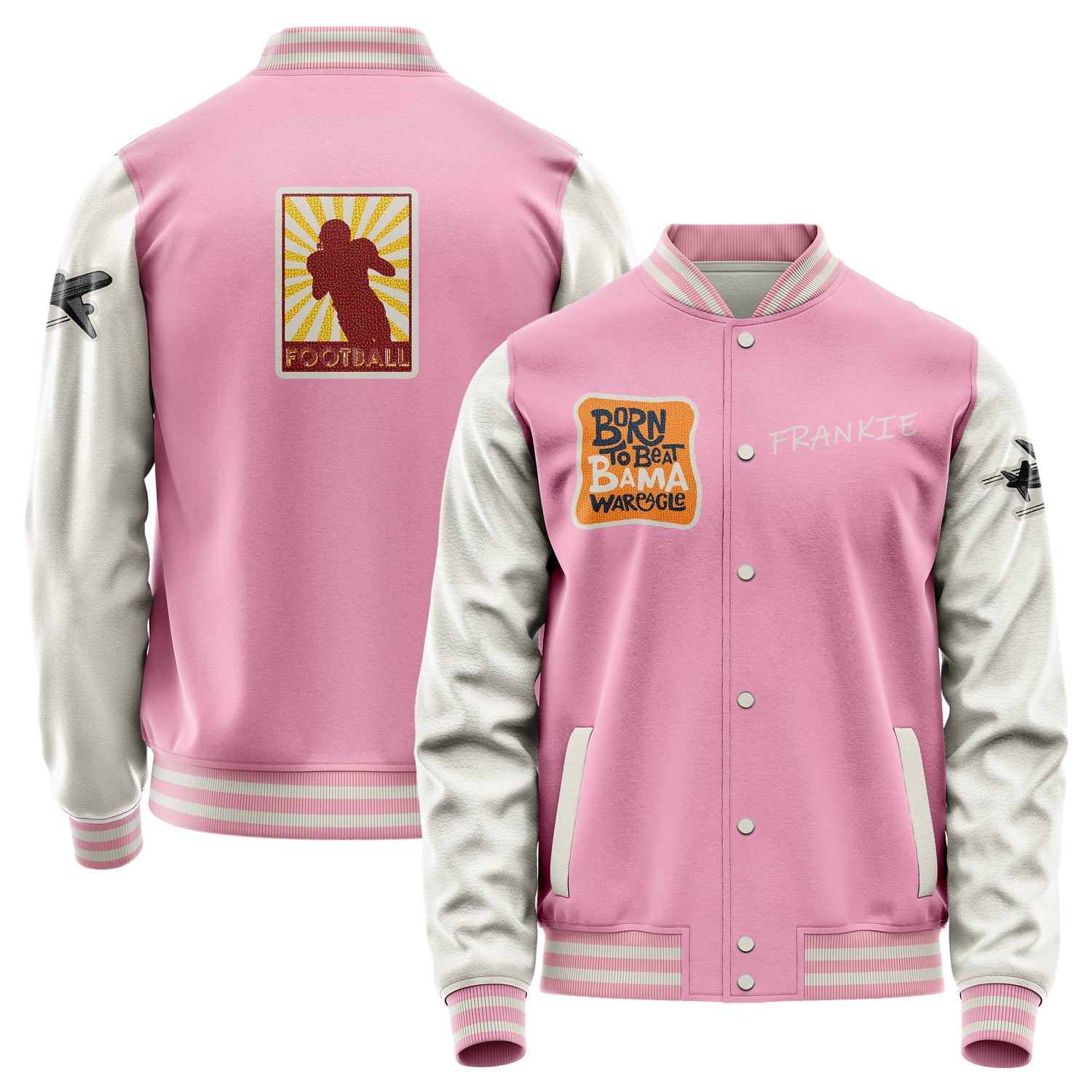 Custom Pink Varsity Jacket Patches Beige Leather Sleeves - Football