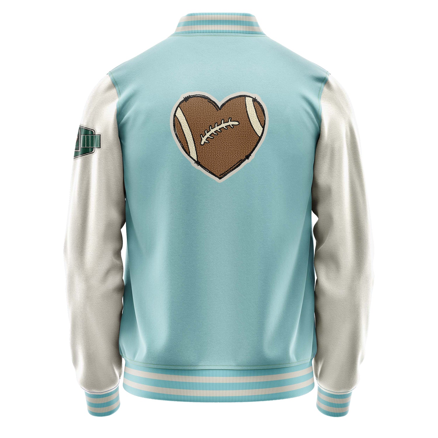 Custom Light Blue Varsity Jacket Patches Beige Leather Sleeves - Footballl logo
