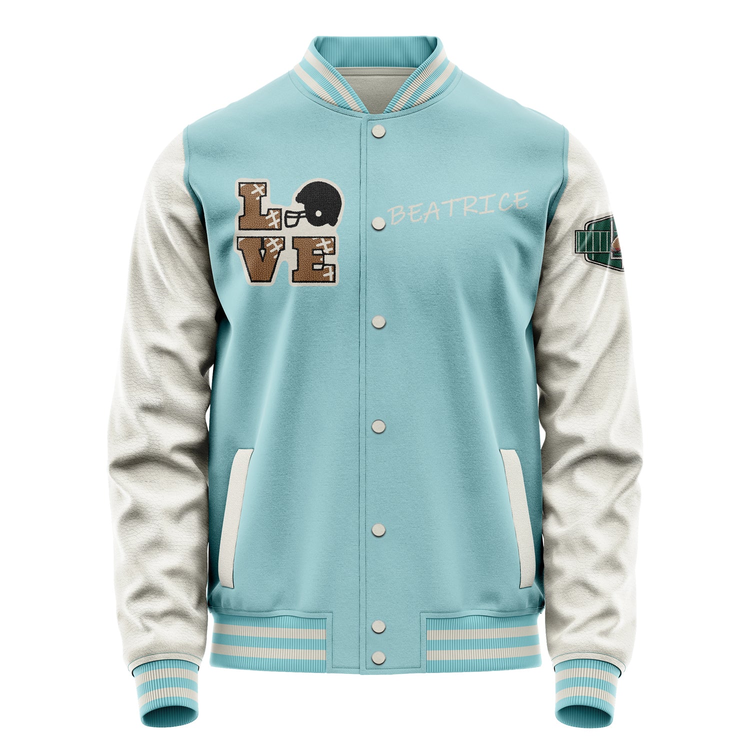 Custom Light Blue Varsity Jacket Patches Beige Leather Sleeves - Footballl logo