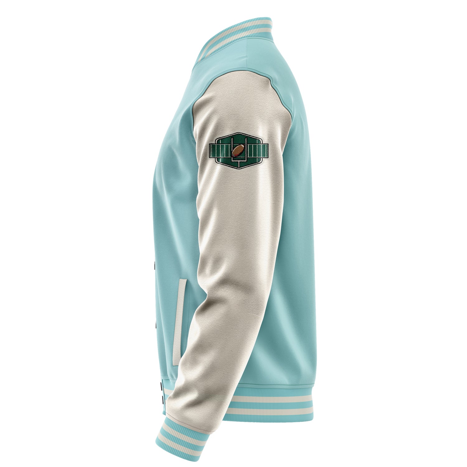Custom Light Blue Varsity Jacket Patches Beige Leather Sleeves - Footballl logo