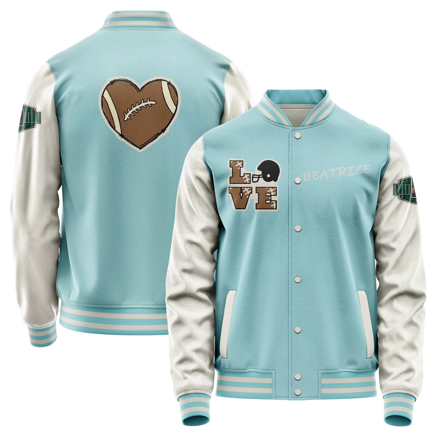 Custom Light Blue Varsity Jacket Patches Beige Leather Sleeves - Footballl logo