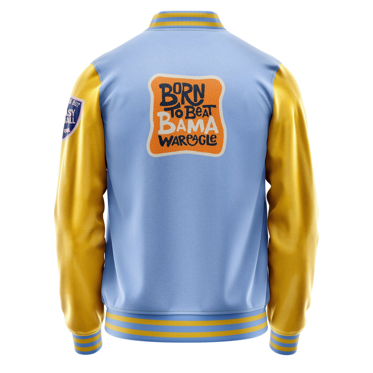 Custom Sky Blue Varsity Jacket Patches Egg Yellow Leather Sleeves - Green football helmet