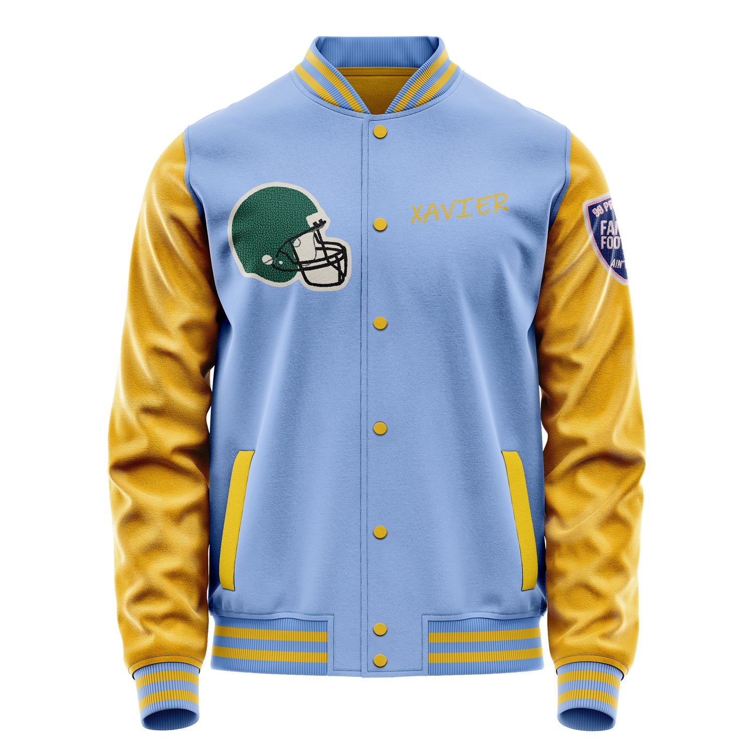 Custom Sky Blue Varsity Jacket Patches Egg Yellow Leather Sleeves - Green football helmet