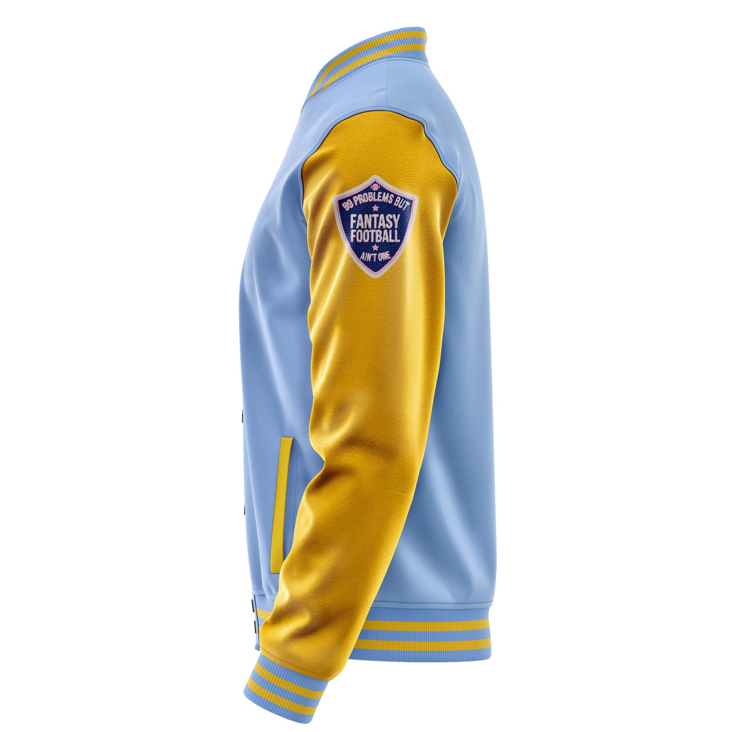 Custom Sky Blue Varsity Jacket Patches Egg Yellow Leather Sleeves - Green football helmet