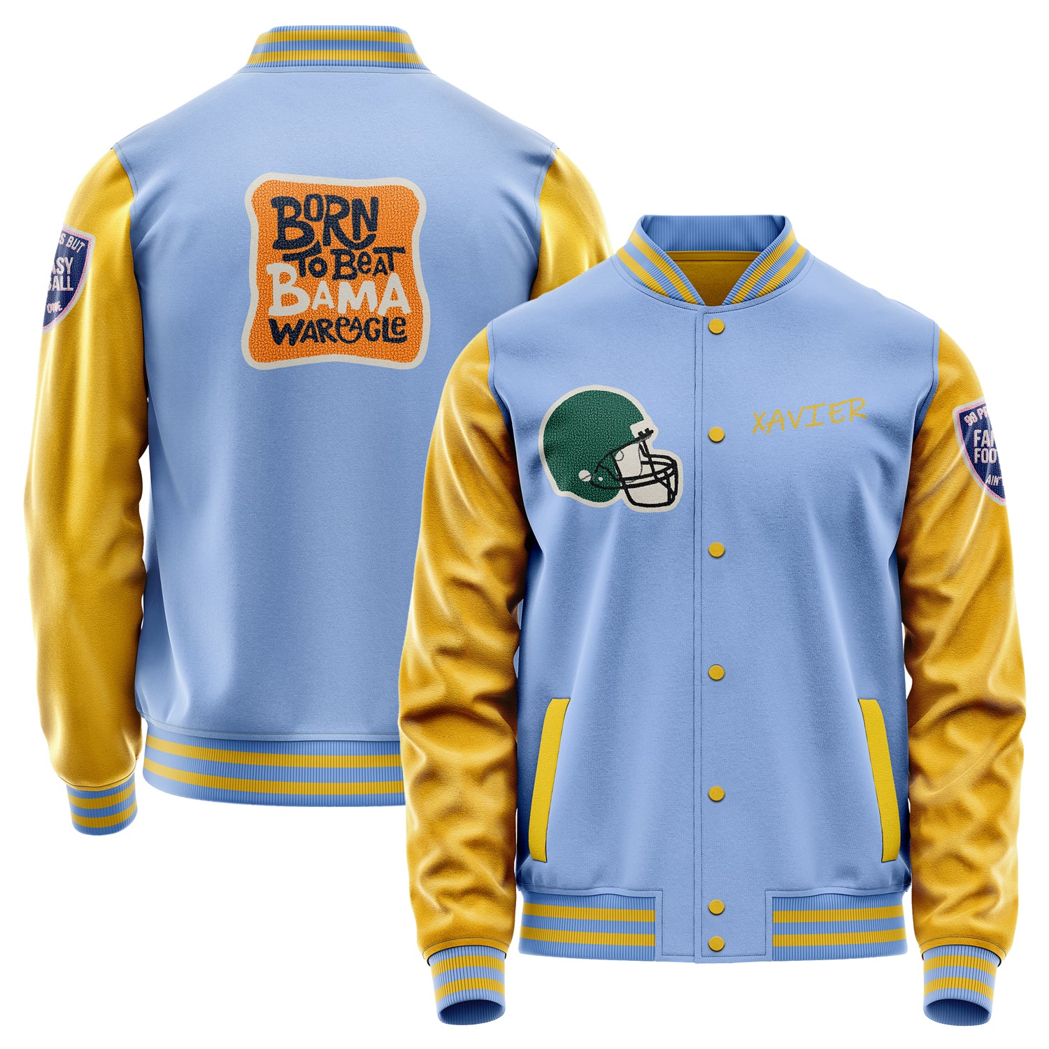 Custom Sky Blue Varsity Jacket Patches Egg Yellow Leather Sleeves - Green football helmet