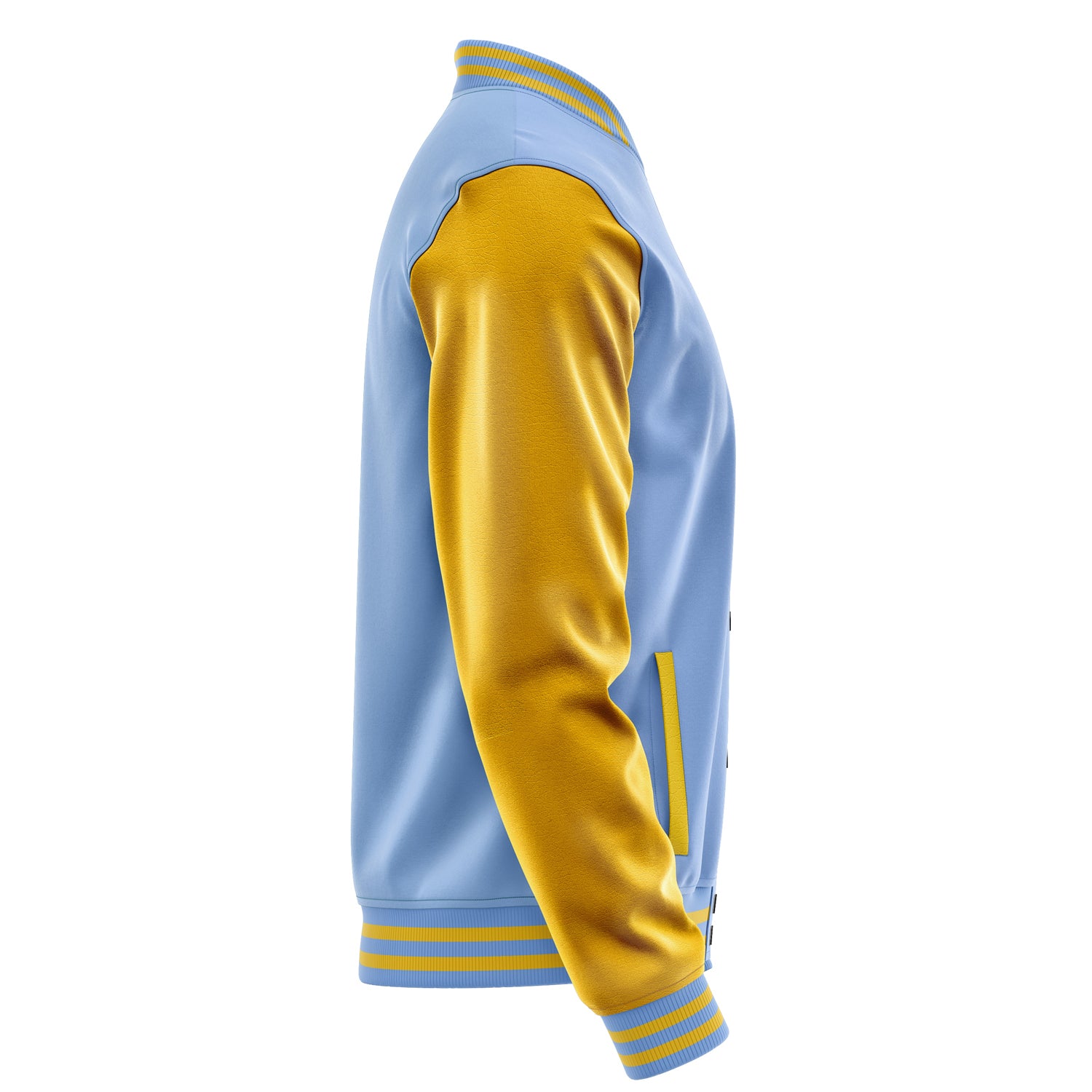 Custom Sky Blue Varsity Jacket Patches Egg Yellow Leather Sleeves - Green football helmet
