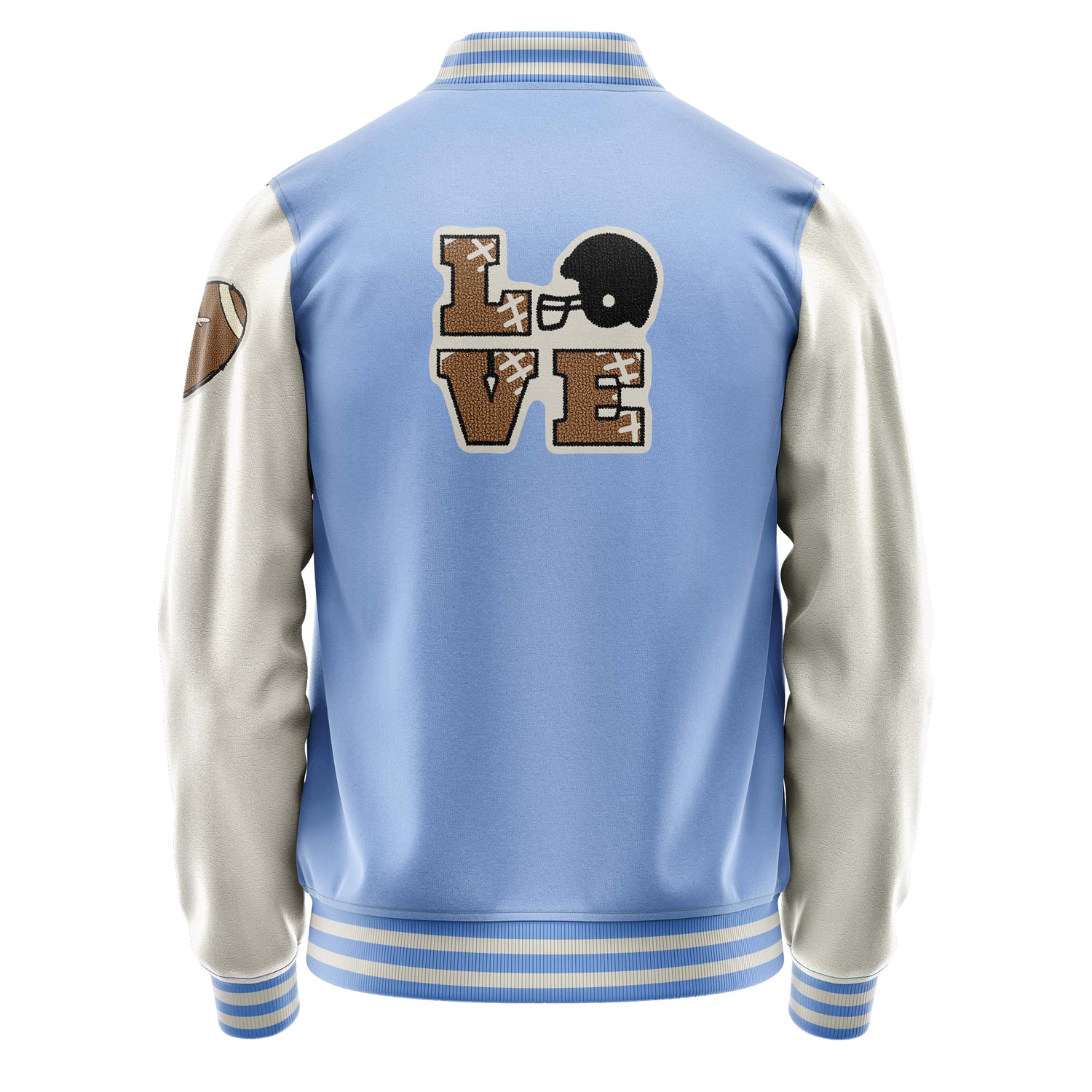 Custom Sky Blue Varsity Jacket Patches Beige Leather Sleeves - Love Footballl