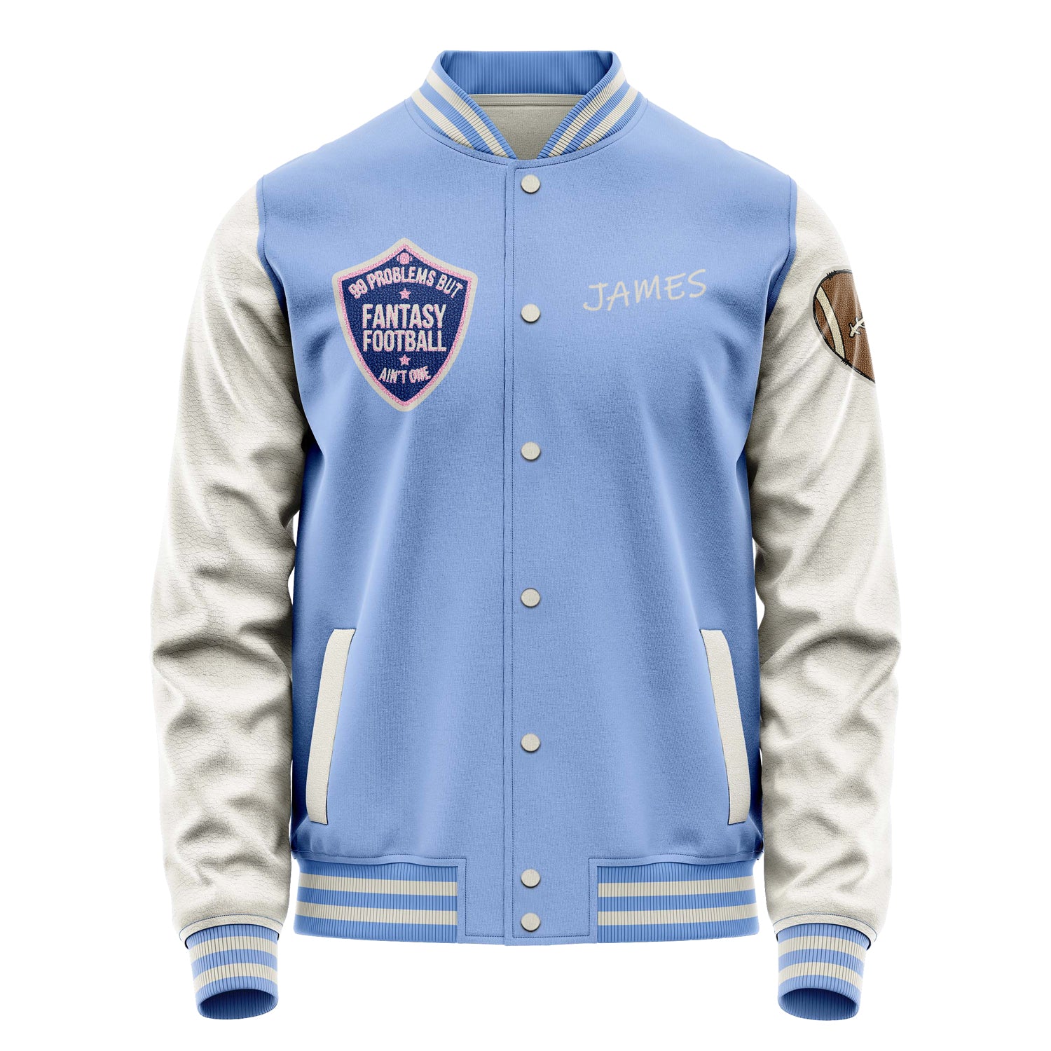 Custom Sky Blue Varsity Jacket Patches Beige Leather Sleeves - Love Footballl