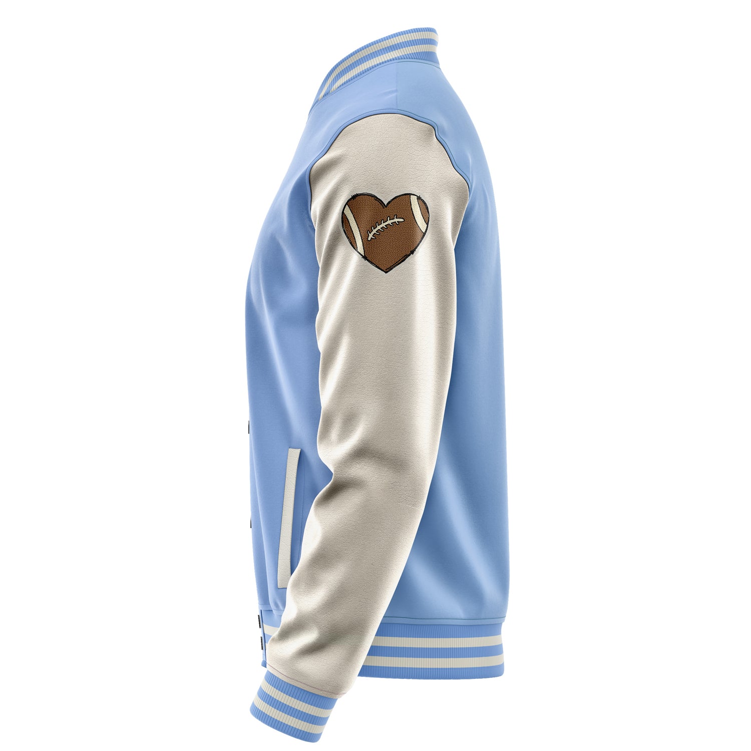 Custom Sky Blue Varsity Jacket Patches Beige Leather Sleeves - Love Footballl