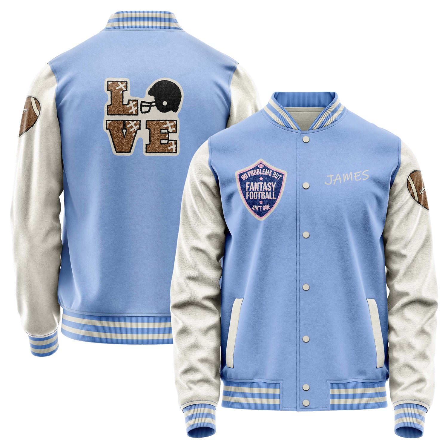 Custom Sky Blue Varsity Jacket Patches Beige Leather Sleeves - Love Footballl