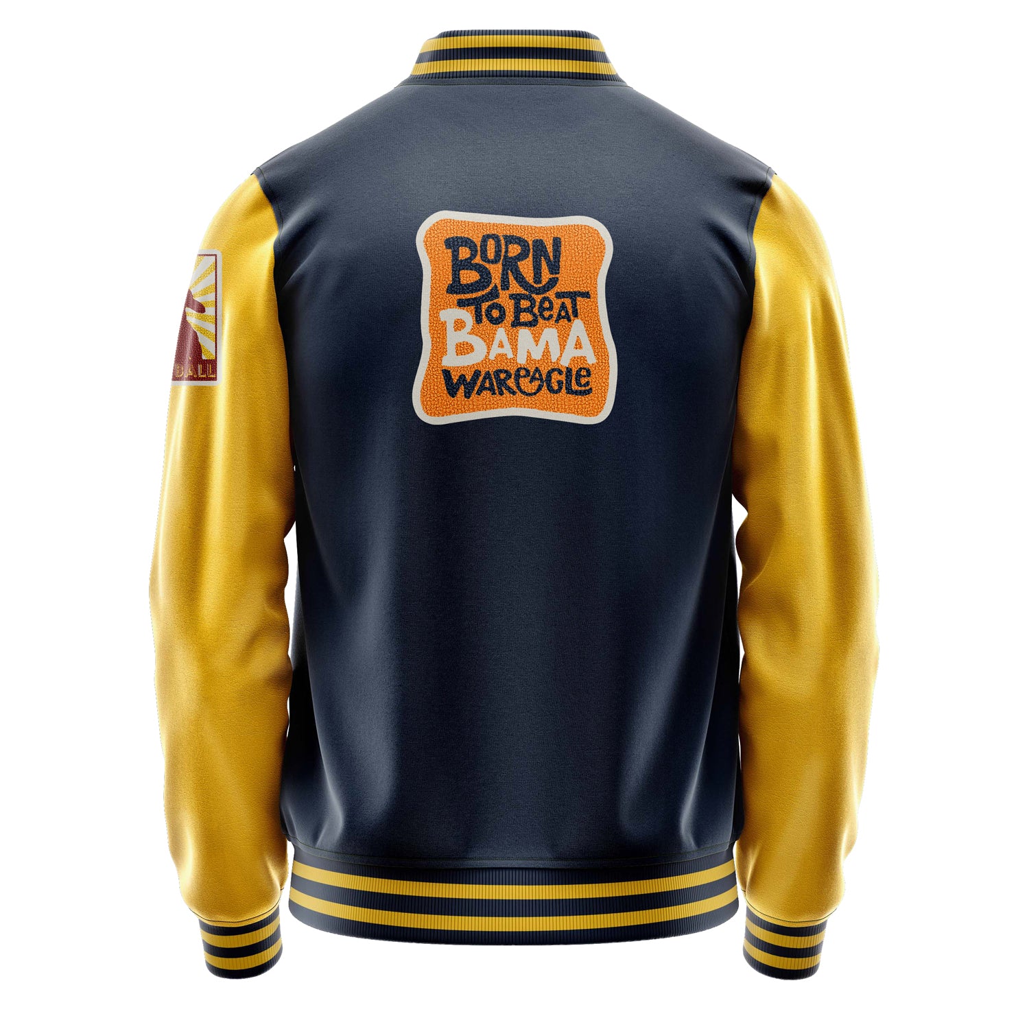 Custom Navy Blue Varsity Jacket Patches Egg Yellow Leather Sleeves - Football