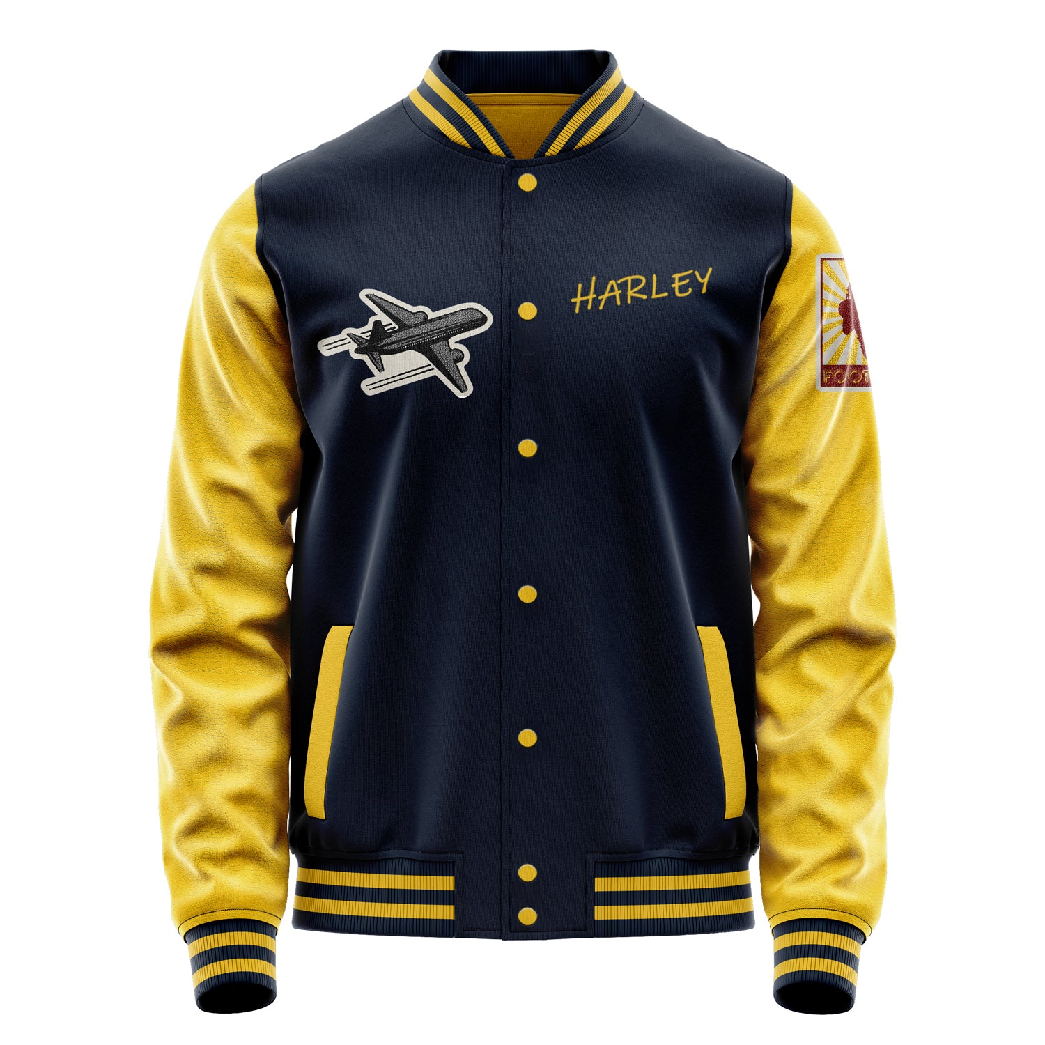 Custom Navy Blue Varsity Jacket Patches Egg Yellow Leather Sleeves - Football