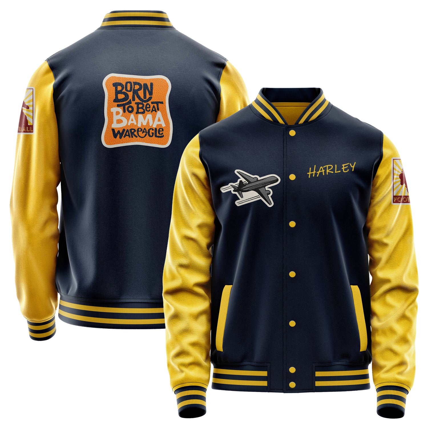 Custom Navy Blue Varsity Jacket Patches Egg Yellow Leather Sleeves - Football