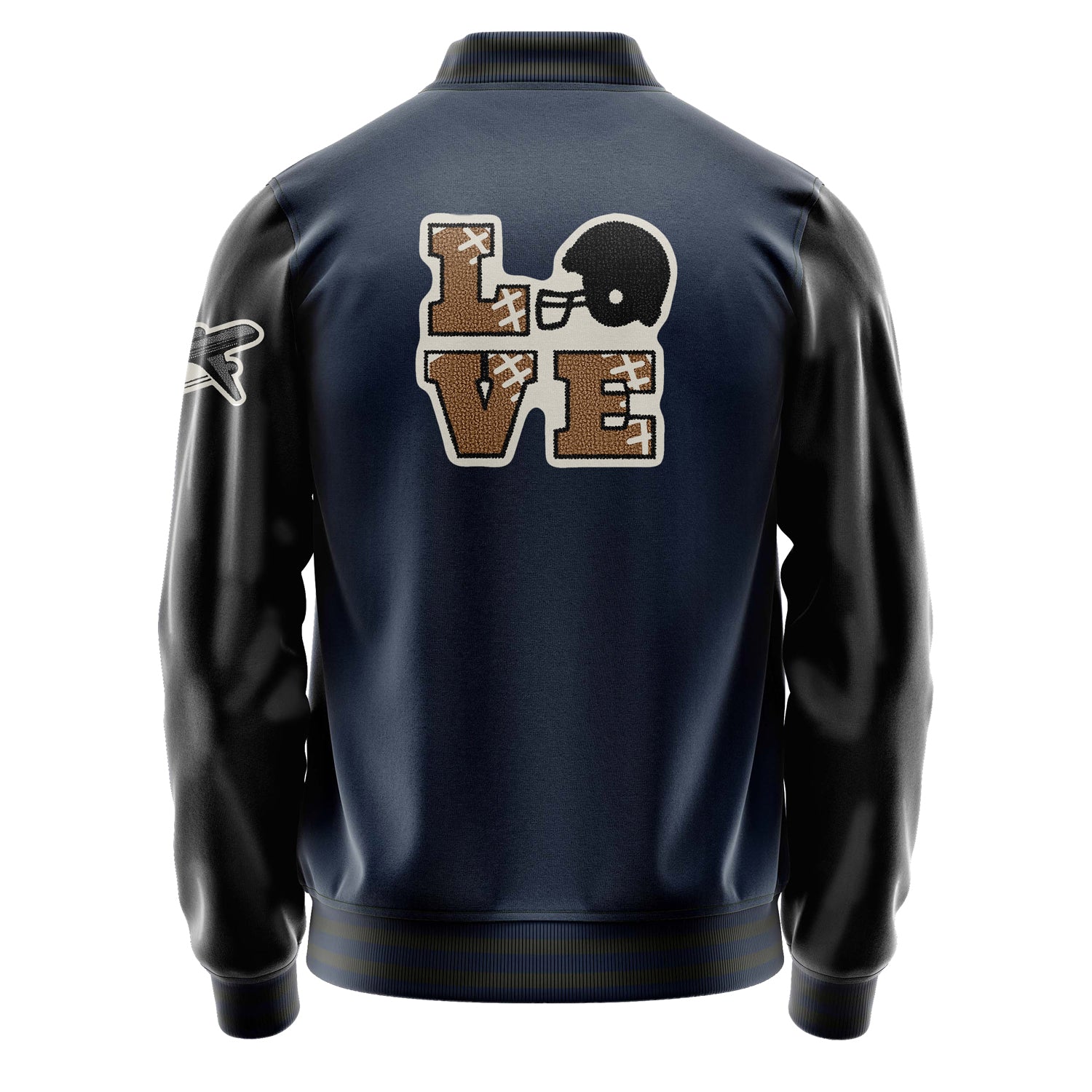 Custom Navy Blue Varsity Jacket Patches Black Leather Sleeves - Love Footballl