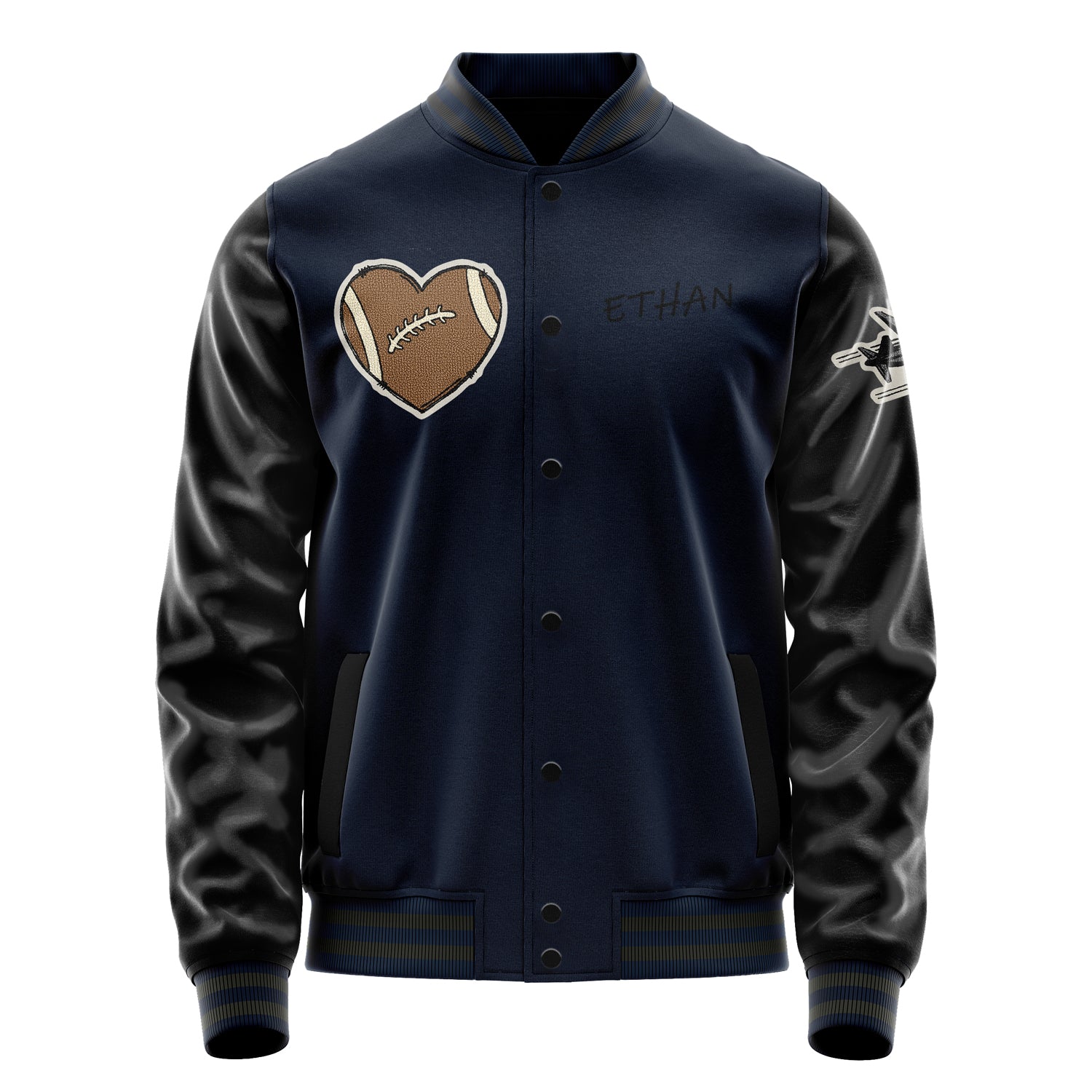 Custom Navy Blue Varsity Jacket Patches Black Leather Sleeves - Love Footballl