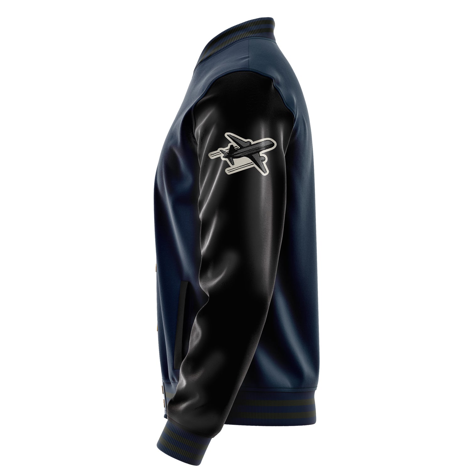 Custom Navy Blue Varsity Jacket Patches Black Leather Sleeves - Love Footballl