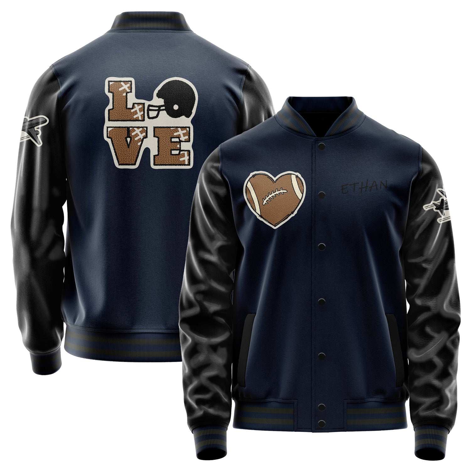 Custom Navy Blue Varsity Jacket Patches Black Leather Sleeves - Love Footballl