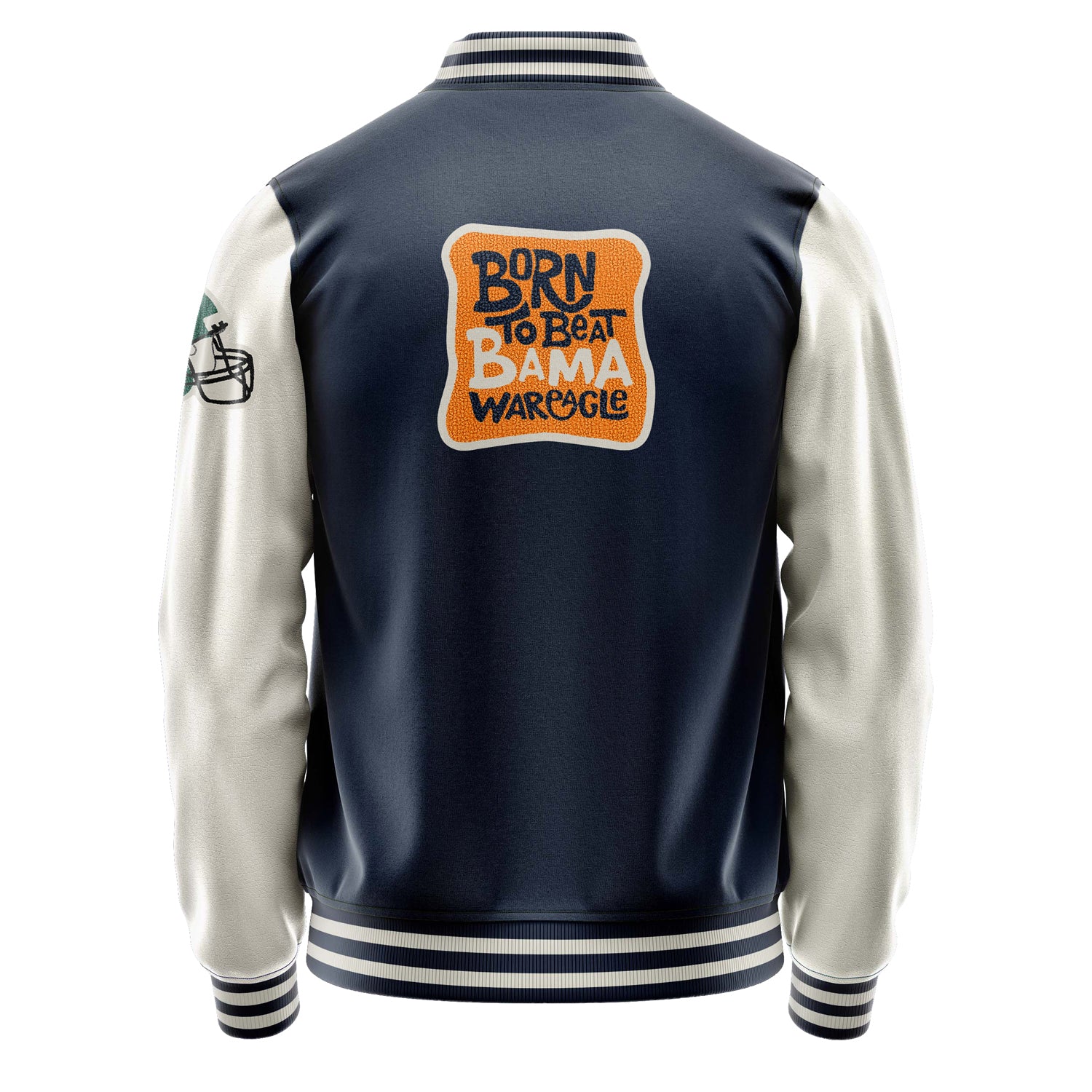 Custom Navy Blue Varsity Jacket Patches Beige Leather Sleeves - Green football helmet