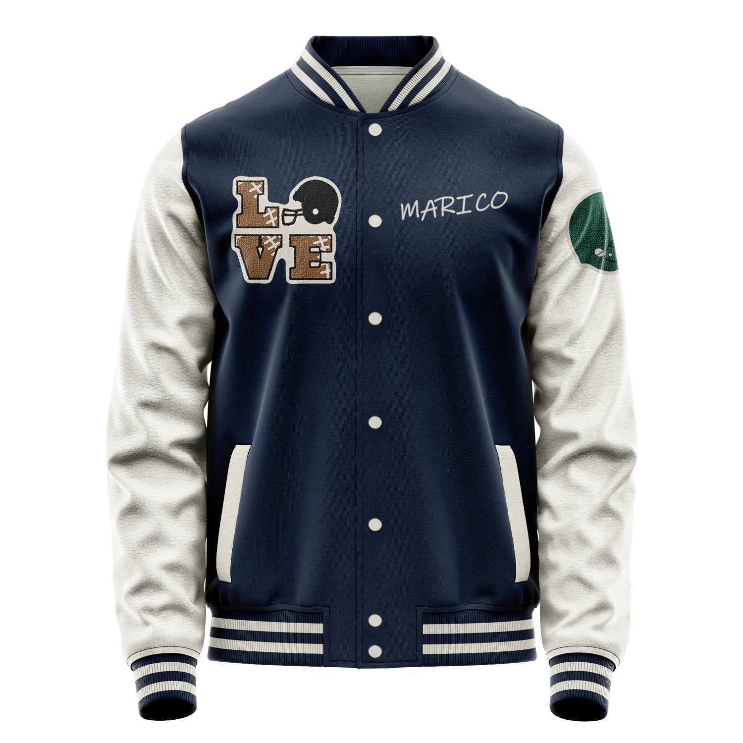 Custom Navy Blue Varsity Jacket Patches Beige Leather Sleeves - Green football helmet