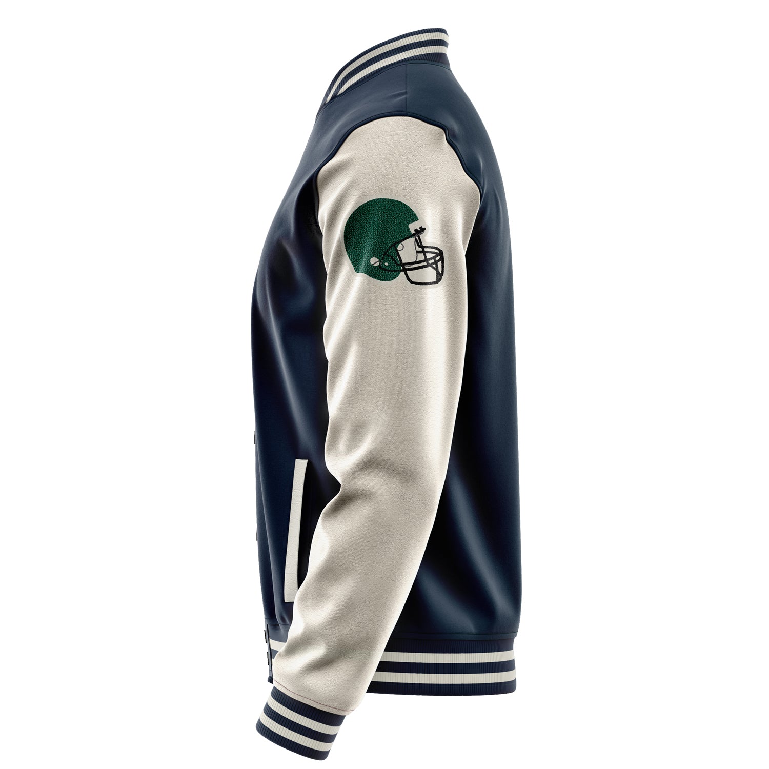 Custom Navy Blue Varsity Jacket Patches Beige Leather Sleeves - Green football helmet