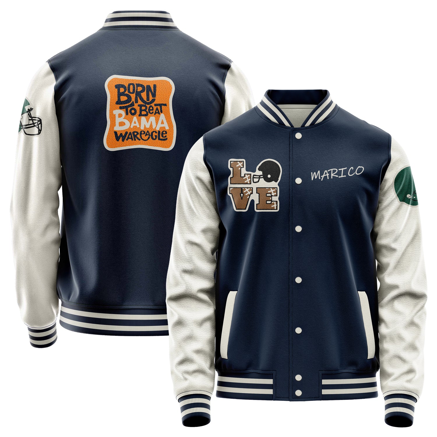 Custom Navy Blue Varsity Jacket Patches Beige Leather Sleeves - Green football helmet