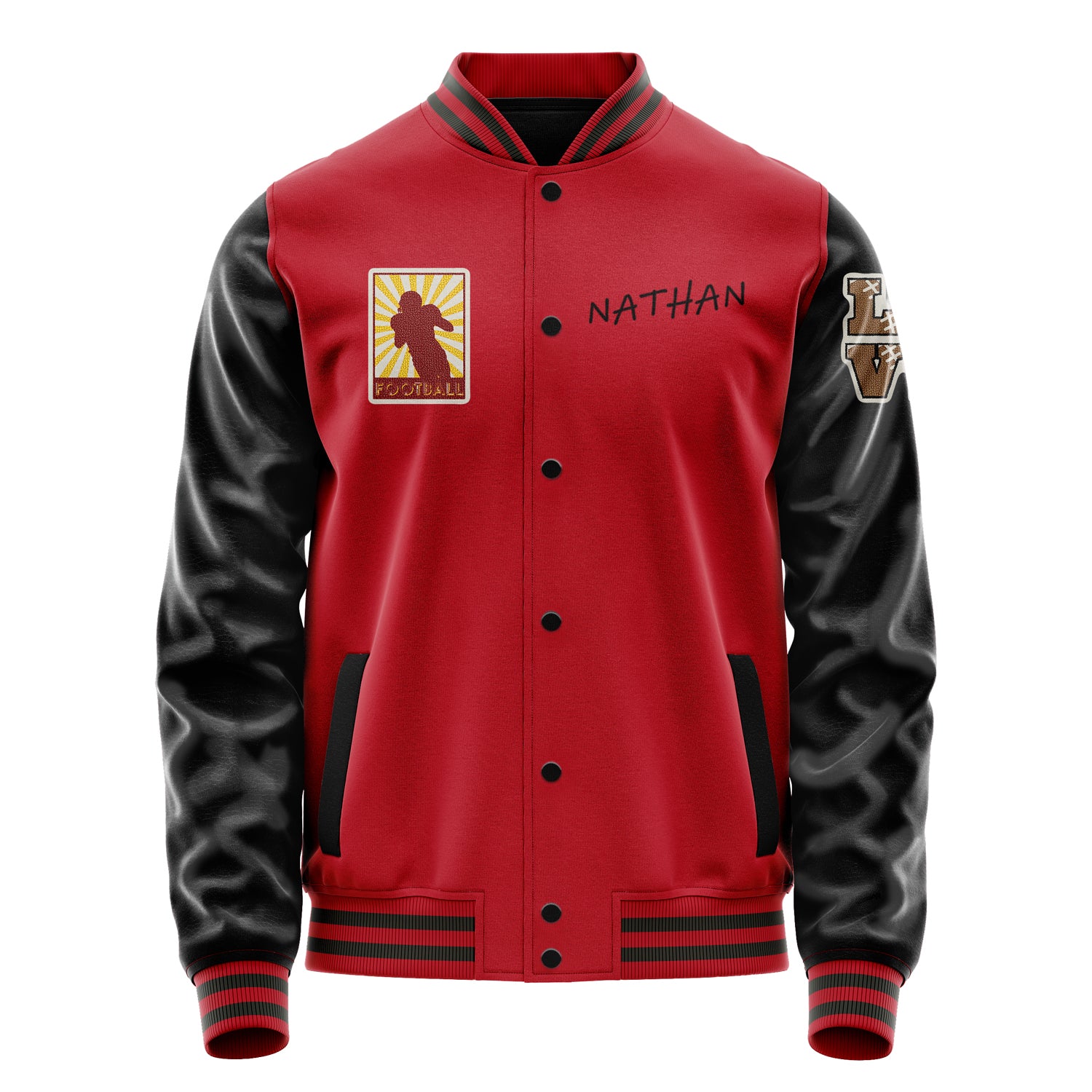 Custom Red Varsity Jacket Patches Black Leather Sleeves - Love Footballl