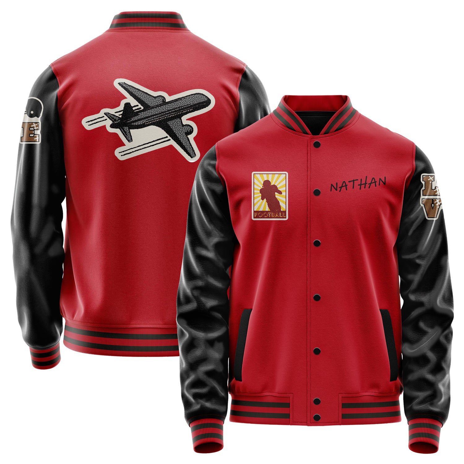 Custom Red Varsity Jacket Patches Black Leather Sleeves - Love Footballl