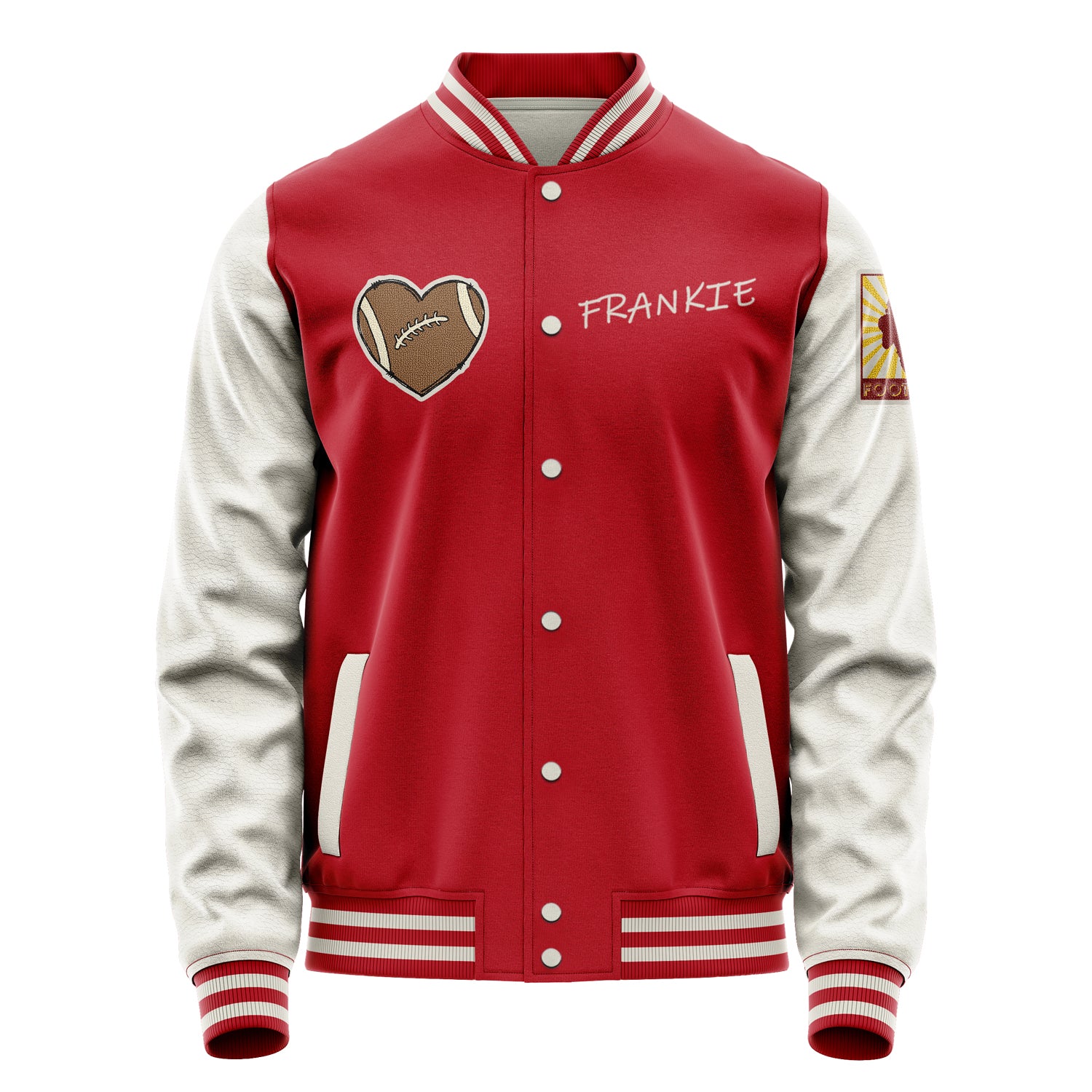 Custom Red Varsity Jacket Patches Beige Leather Sleeves - Heart-shaped football