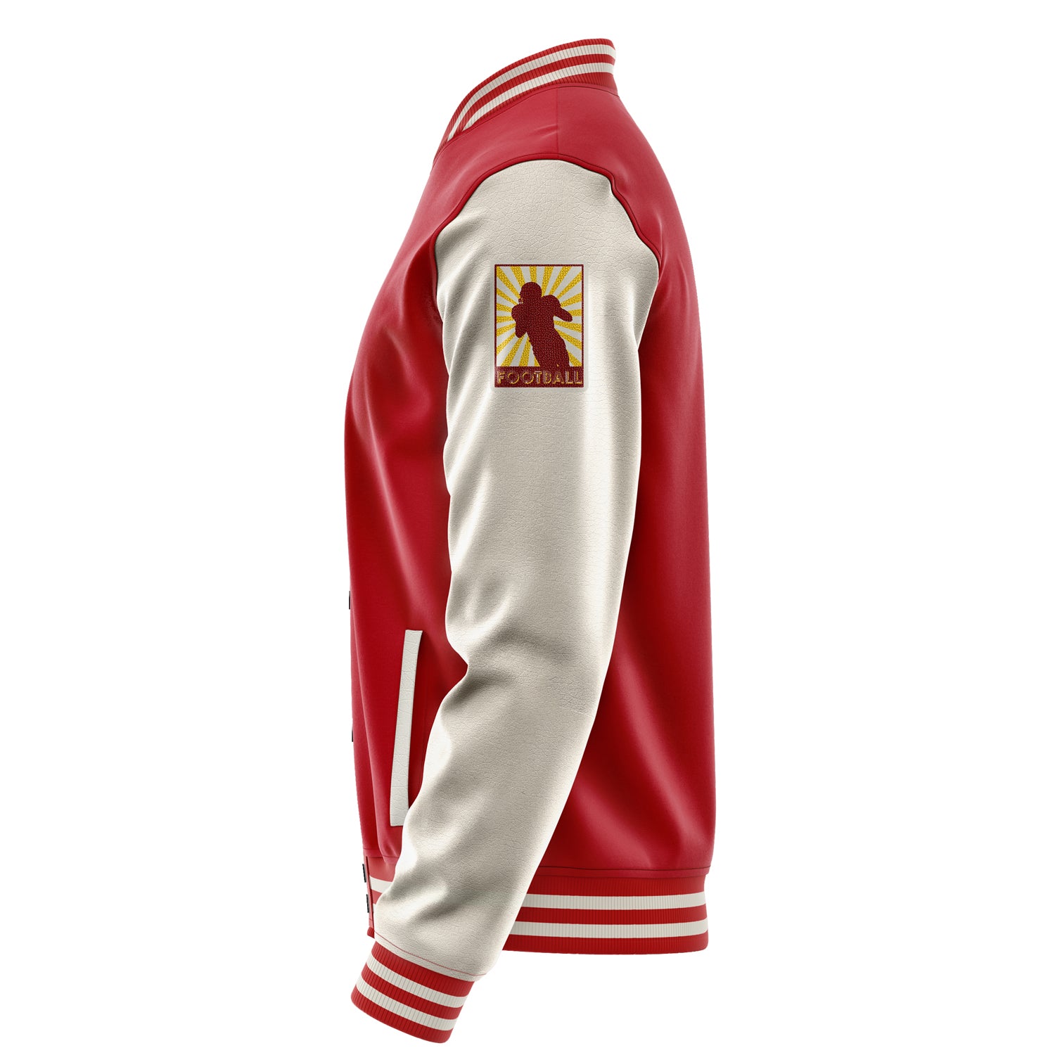 Custom Red Varsity Jacket Patches Beige Leather Sleeves - Heart-shaped football