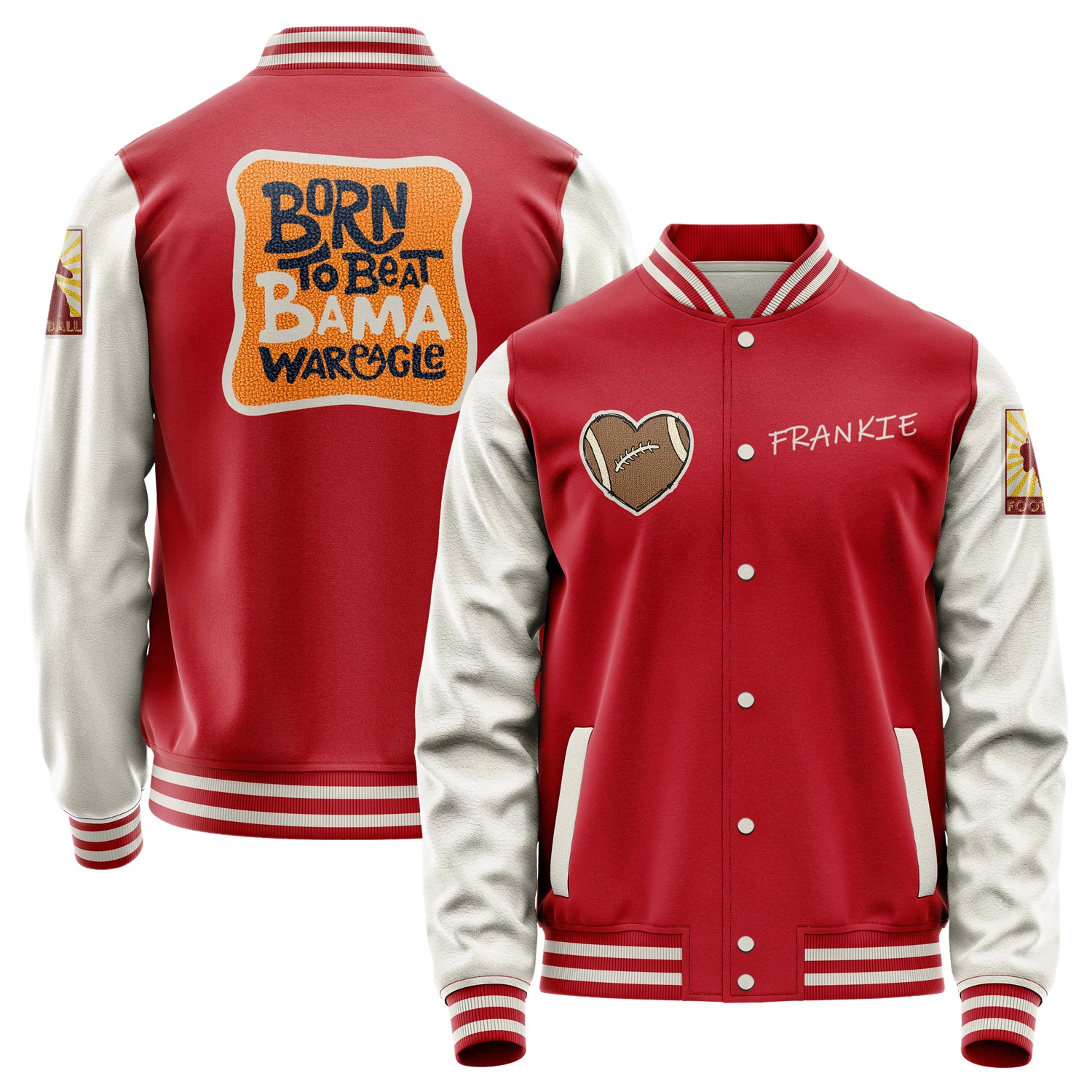 Custom Red Varsity Jacket Patches Beige Leather Sleeves - Heart-shaped football