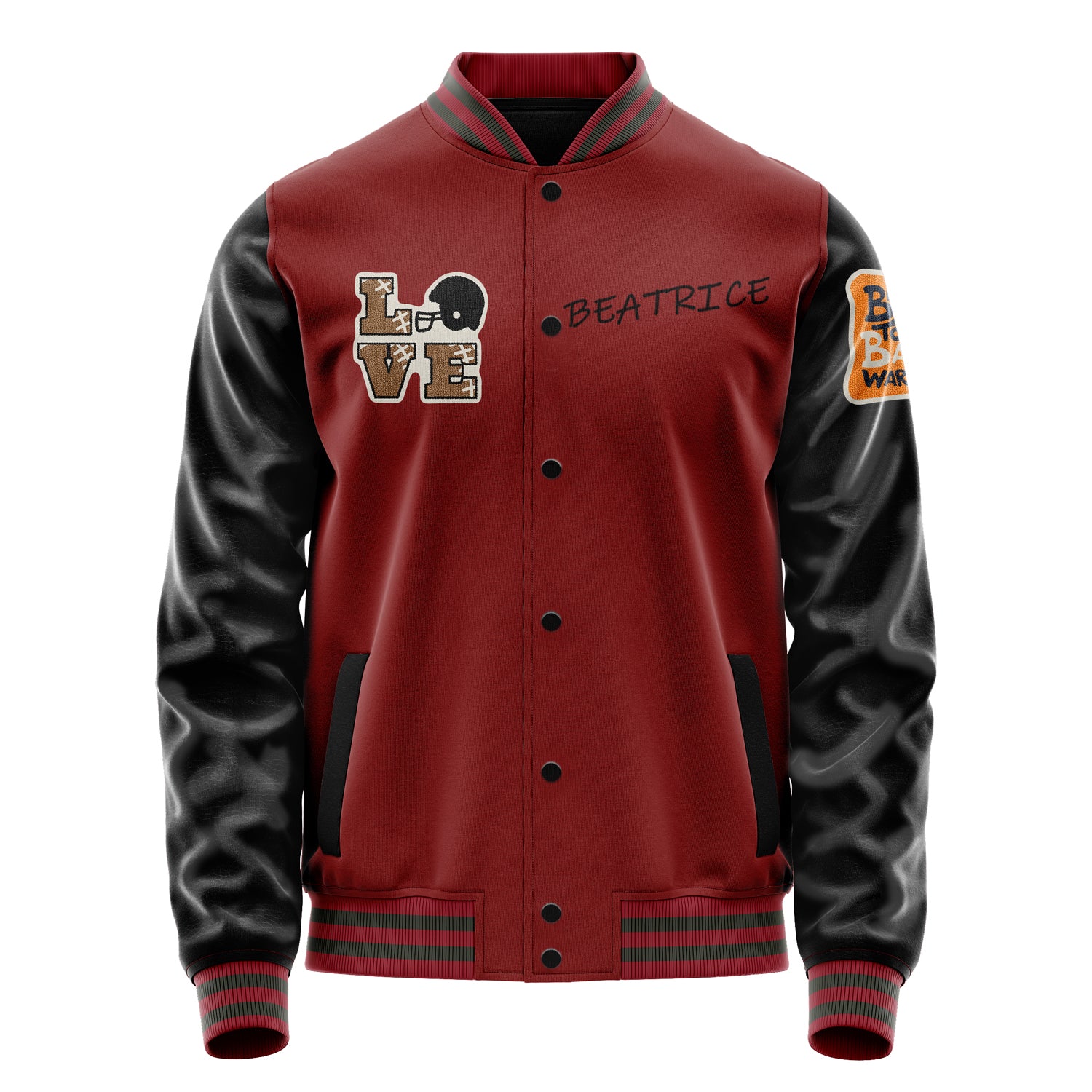 Custom Dark Red Varsity Jacket Patches Black Leather Sleeves - Love Footballl